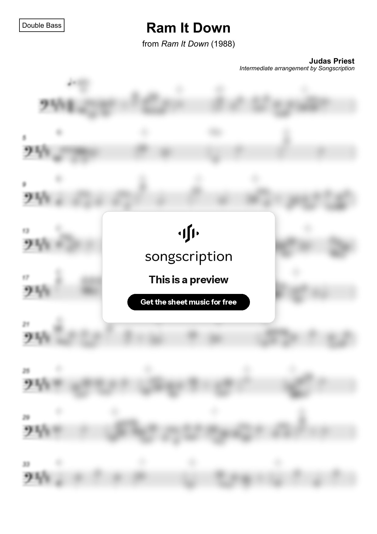 Intermediate Double Bass Sheet Music for "Ram It Down" by Judas Priest