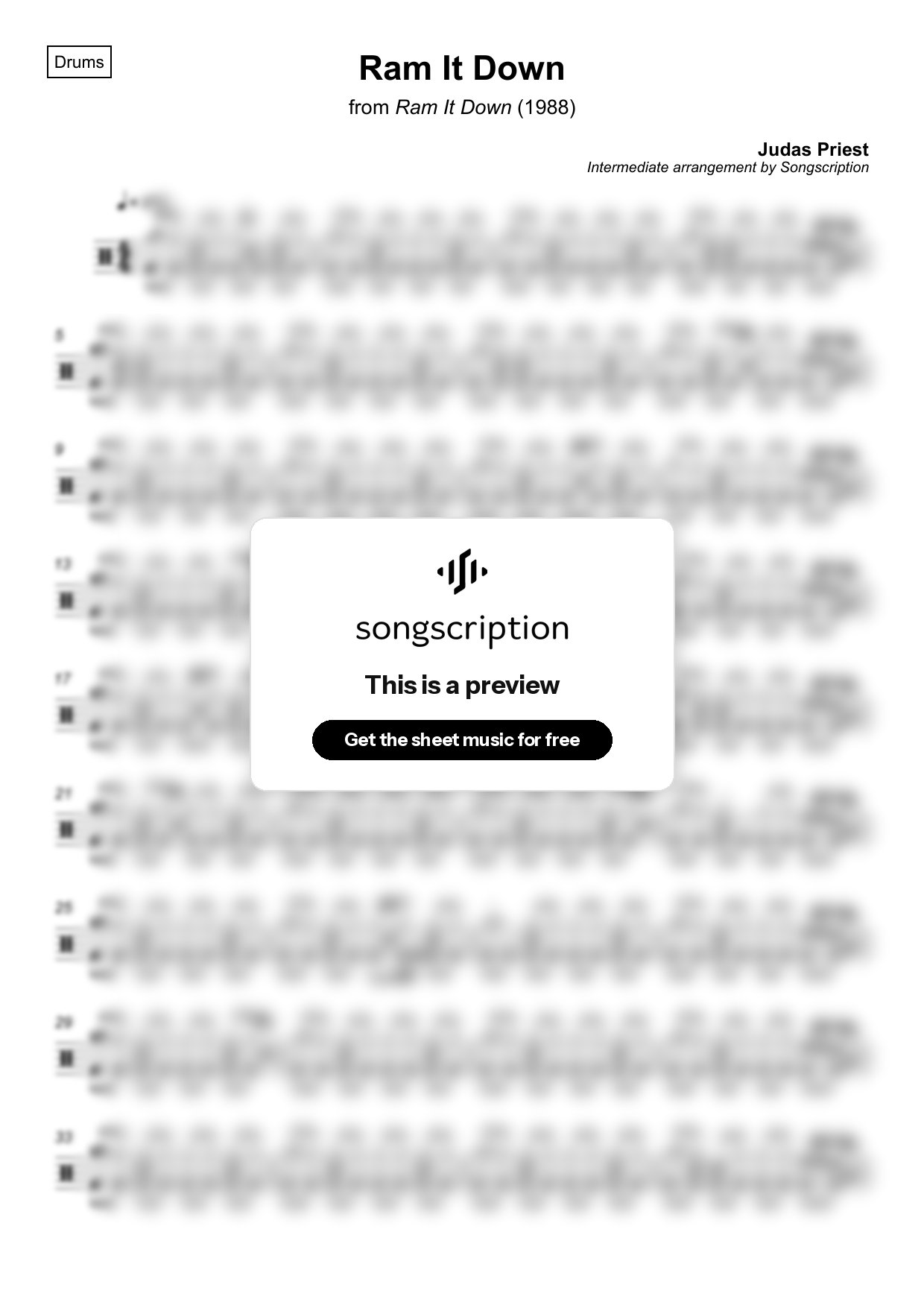 Intermediate Drums Sheet Music for "Ram It Down" by Judas Priest