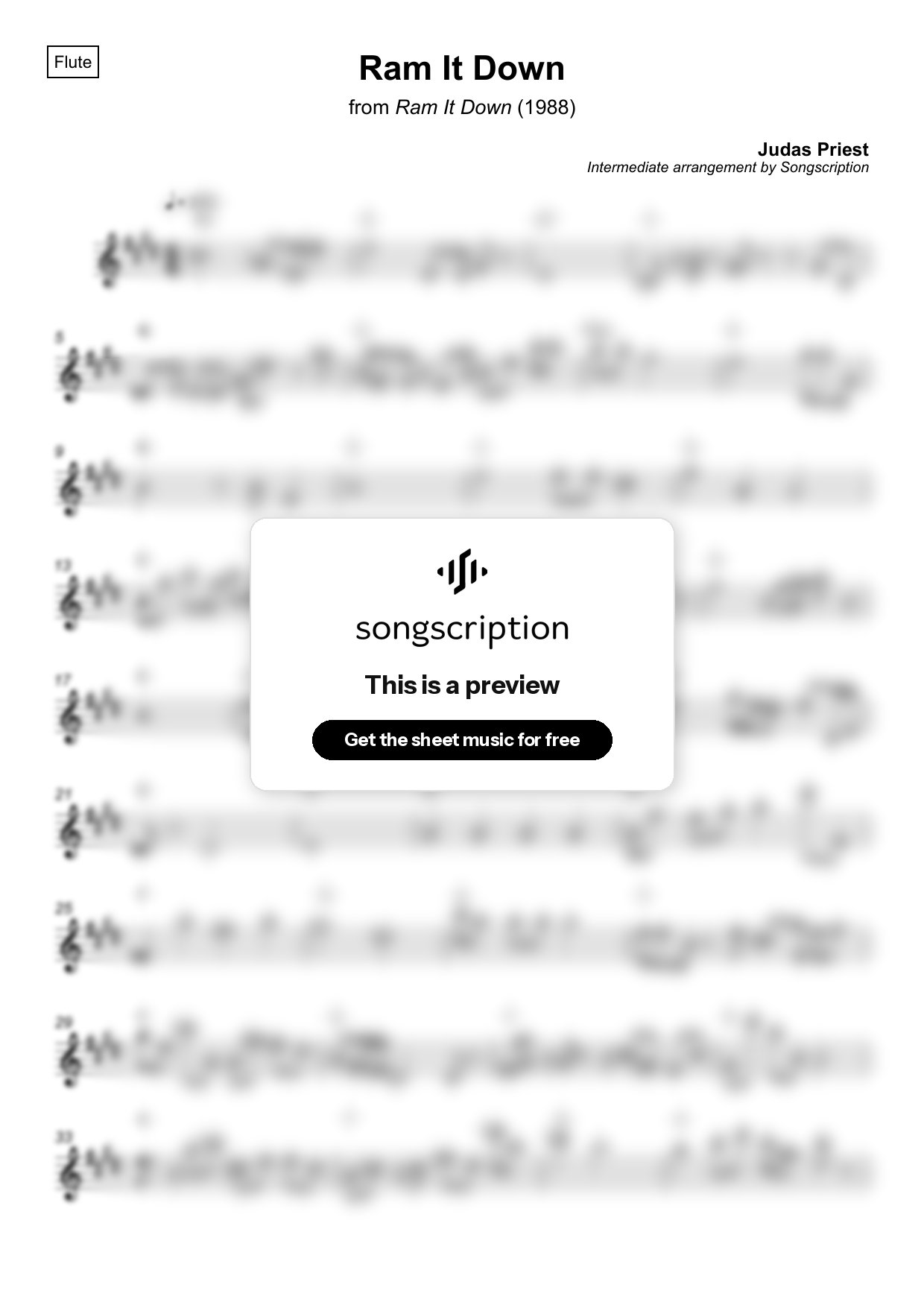 Intermediate Flute Sheet Music for "Ram It Down" by Judas Priest