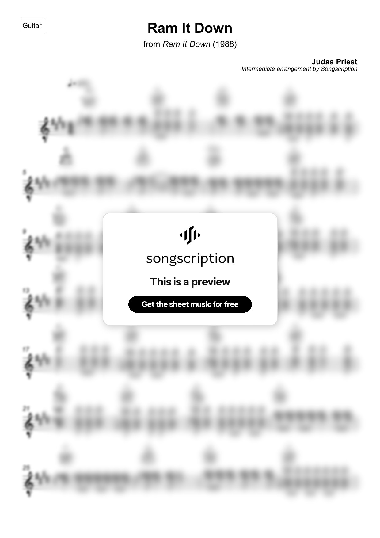 Intermediate Acoustic Guitar Sheet Music for "Ram It Down" by Judas Priest
