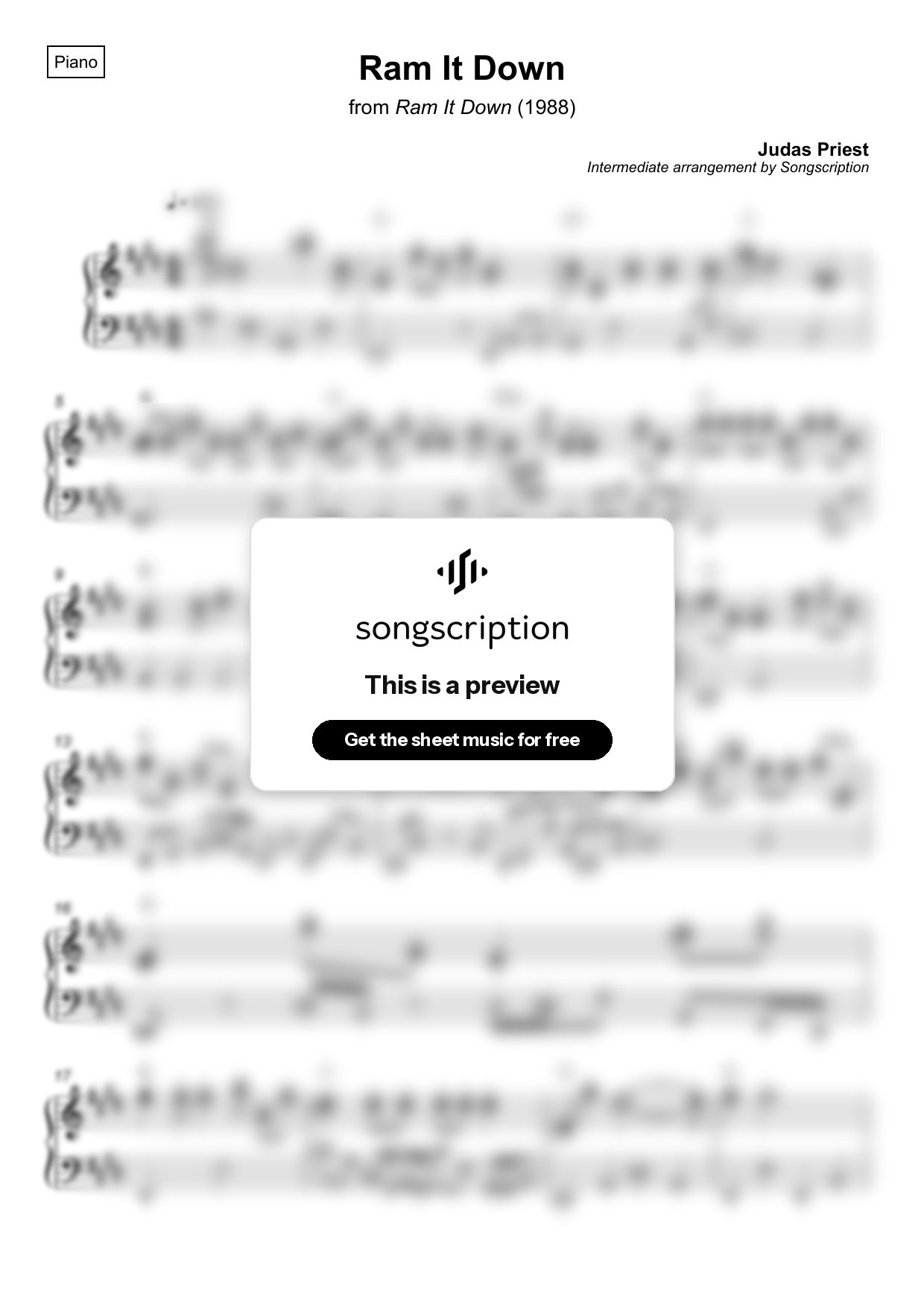 Intermediate Piano Sheet Music for "Ram It Down" by Judas Priest