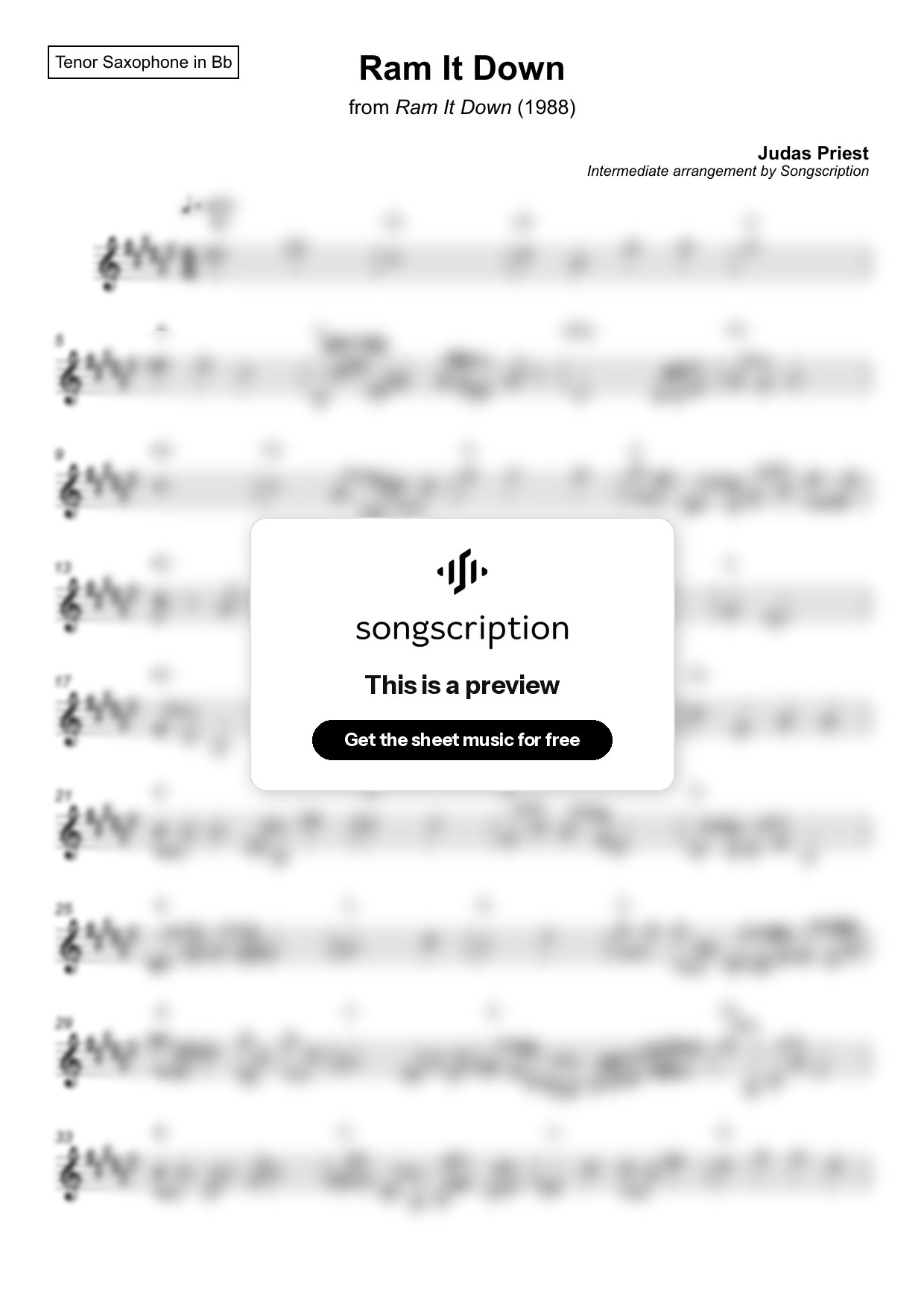 Intermediate Tenor Sax Sheet Music for "Ram It Down" by Judas Priest