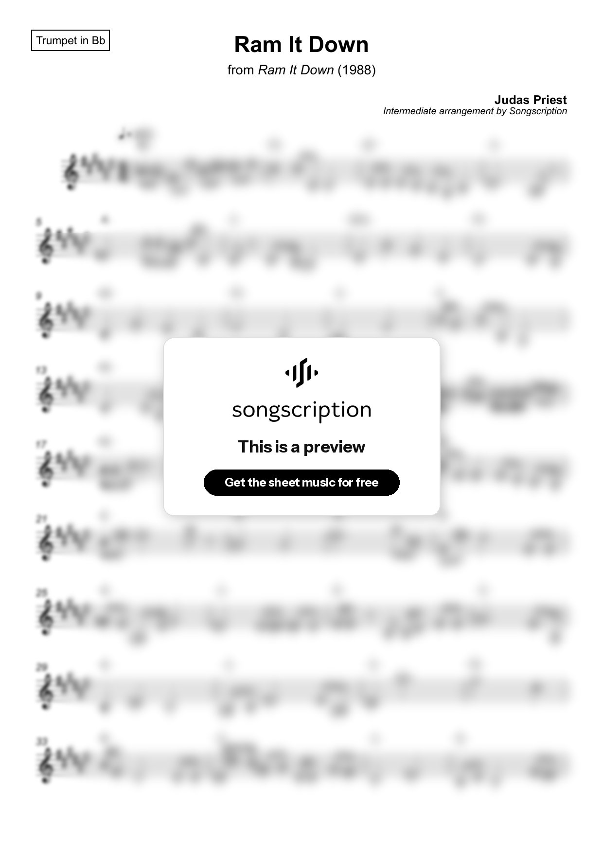 Intermediate Trumpet Sheet Music for "Ram It Down" by Judas Priest
