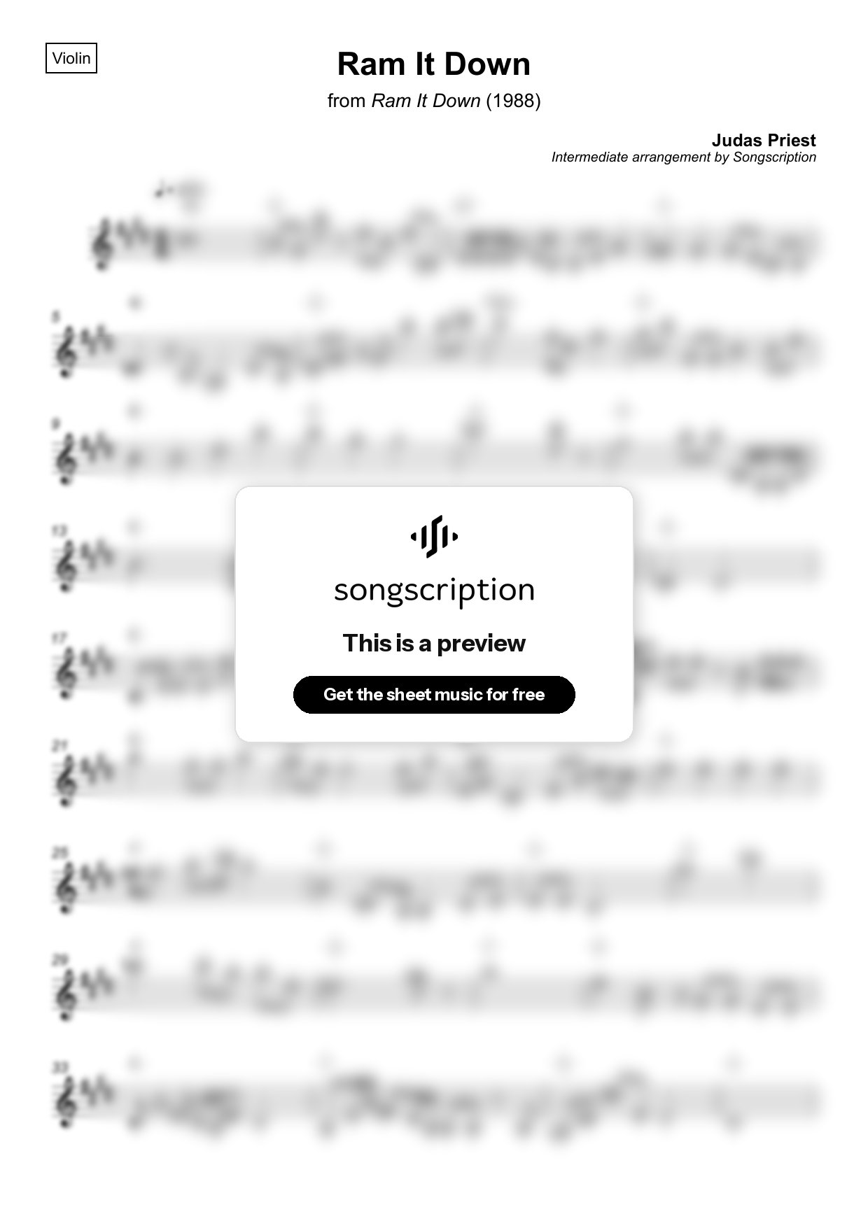 Intermediate Violin Sheet Music for "Ram It Down" by Judas Priest