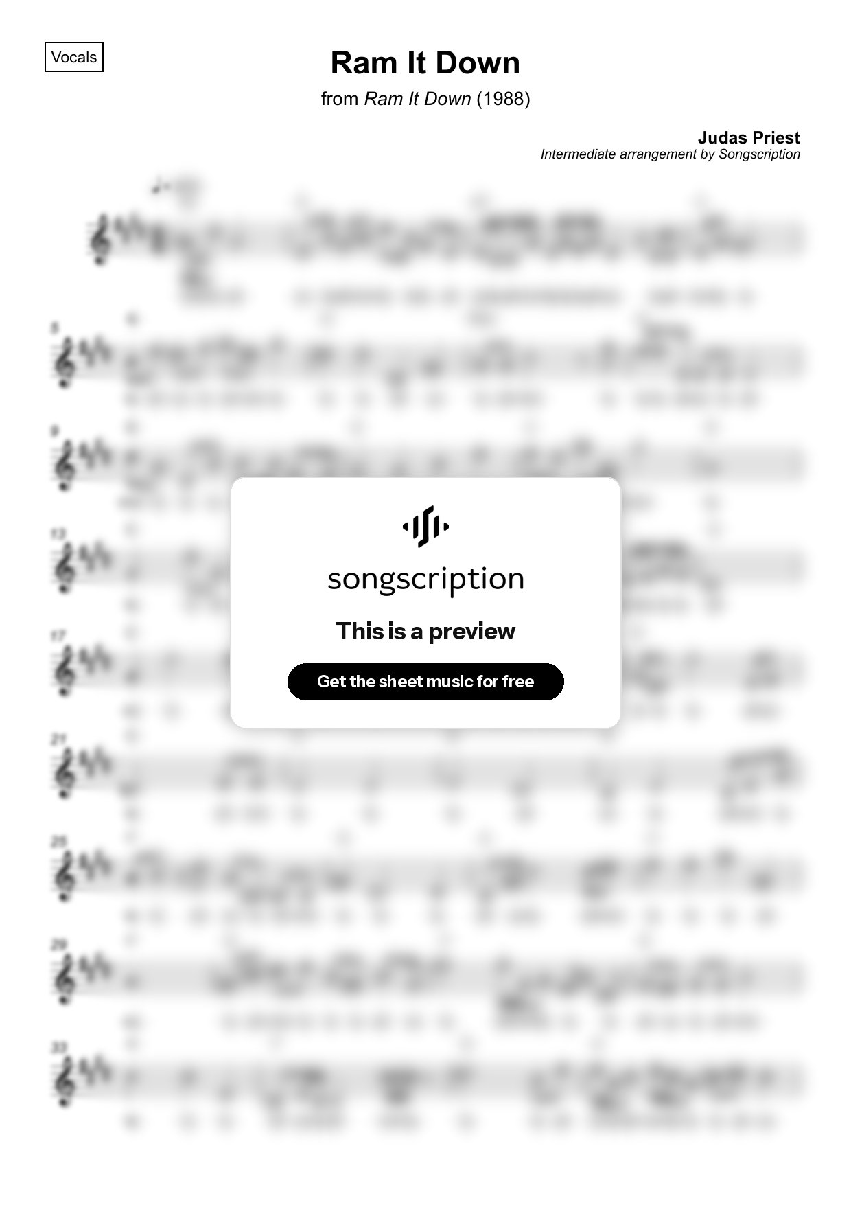 Intermediate Vocals Sheet Music for "Ram It Down" by Judas Priest