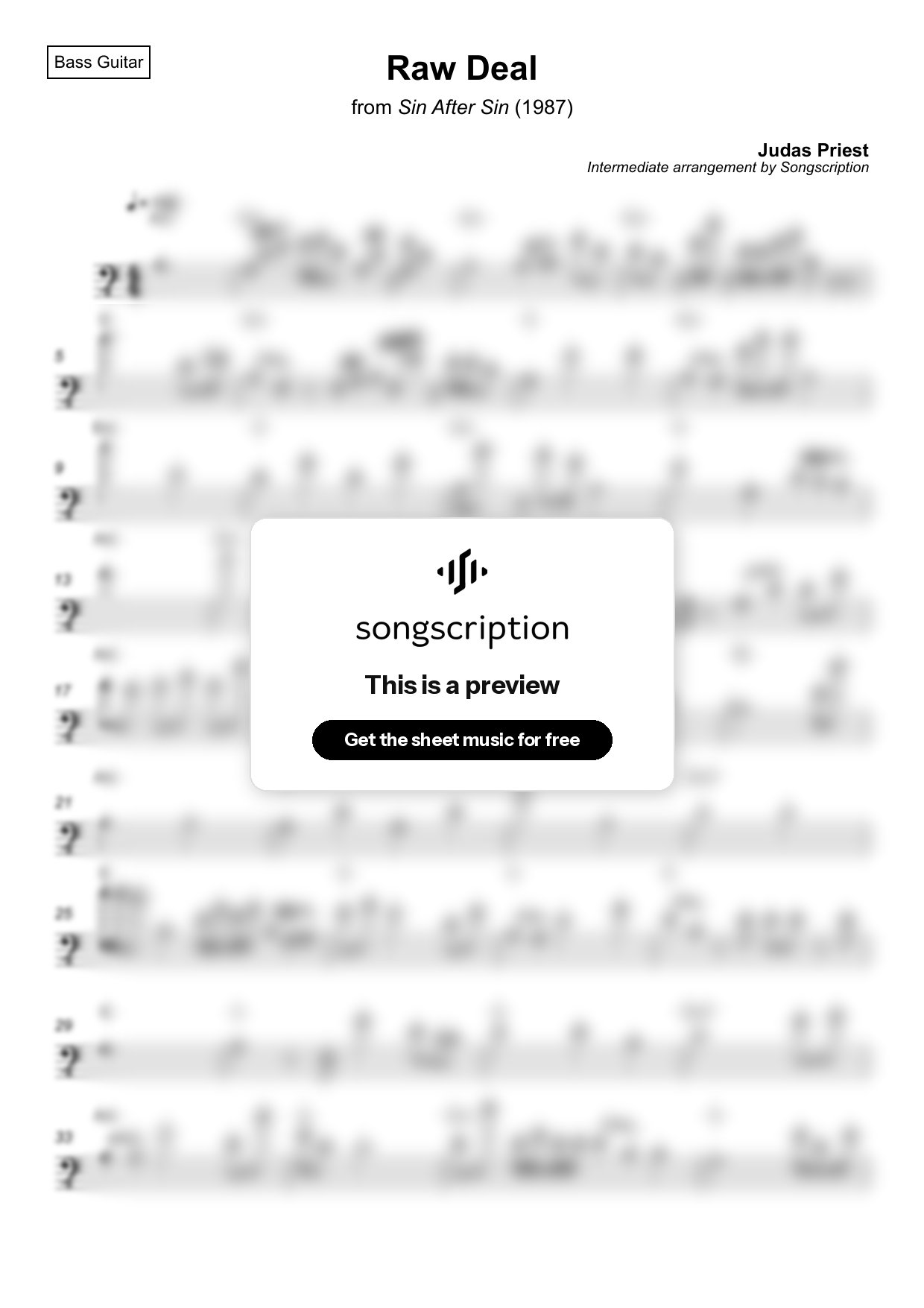 Intermediate Bass Guitar Sheet Music for "Raw Deal" by Judas Priest