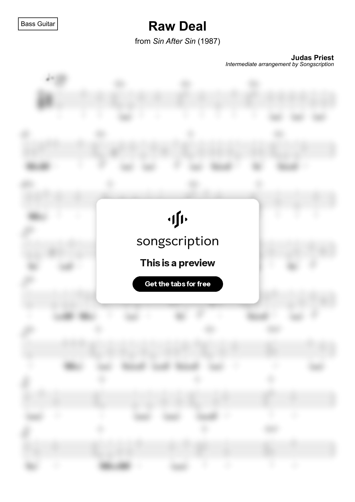 Intermediate Bass Guitar Tabs for "Raw Deal" by Judas Priest