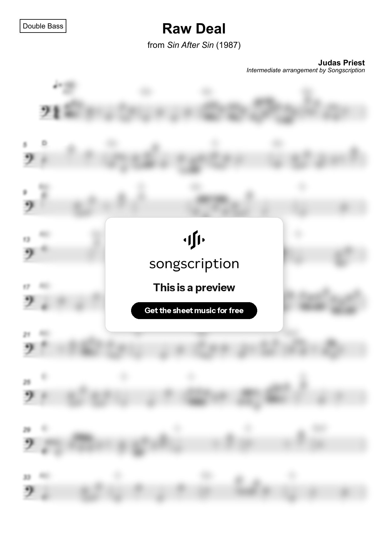 Intermediate Double Bass Sheet Music for "Raw Deal" by Judas Priest