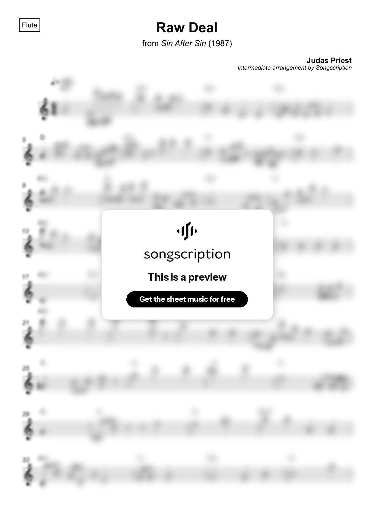 Intermediate Flute Sheet Music for "Raw Deal" by Judas Priest