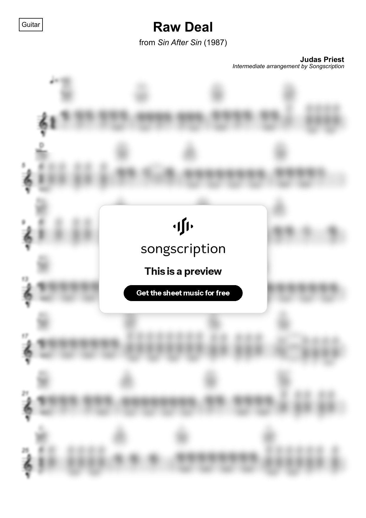 Intermediate Acoustic Guitar Sheet Music for "Raw Deal" by Judas Priest
