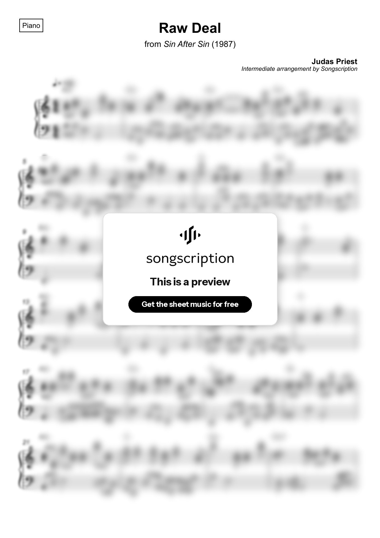 Intermediate Piano Sheet Music for "Raw Deal" by Judas Priest