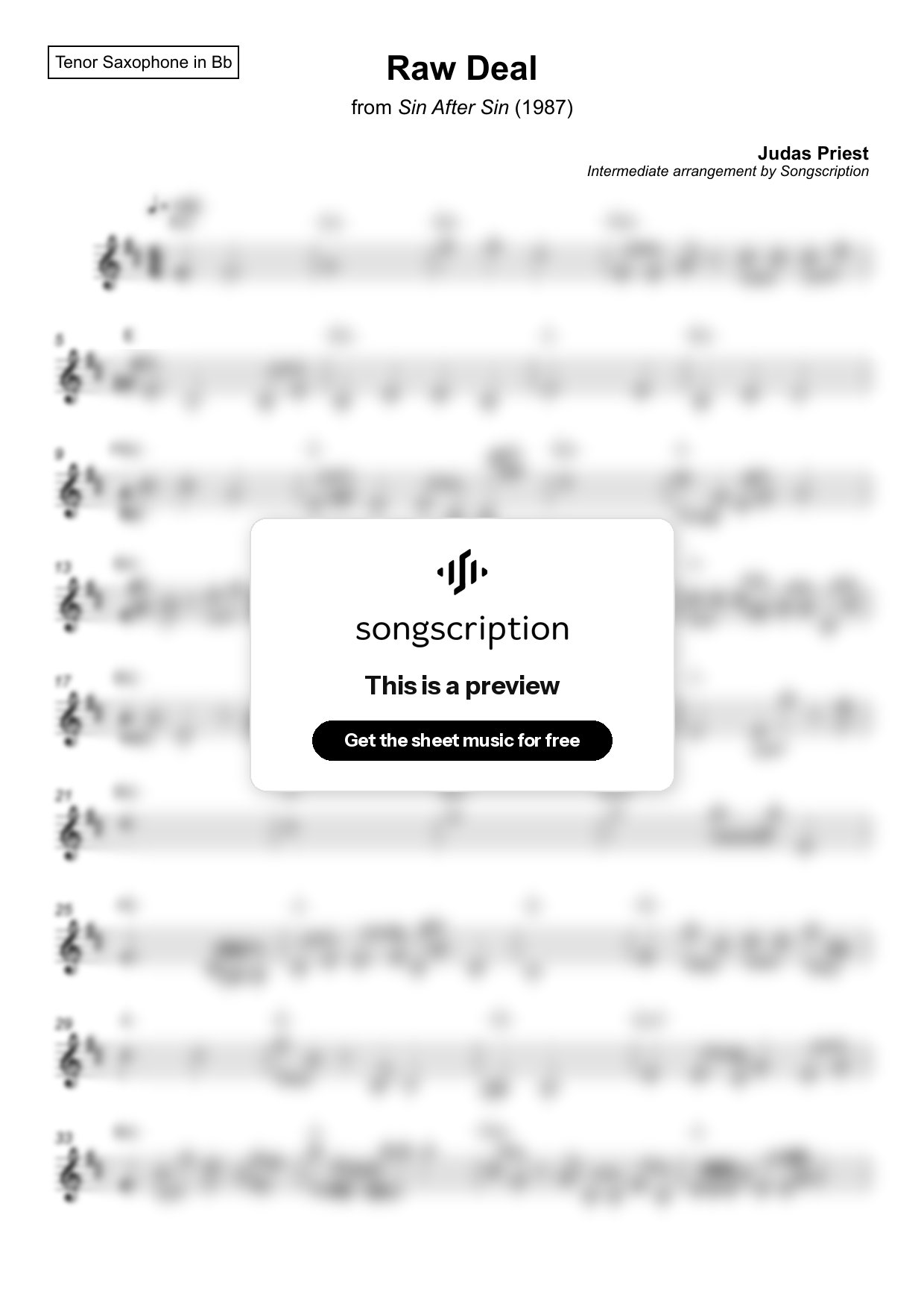 Intermediate Tenor Sax Sheet Music for "Raw Deal" by Judas Priest