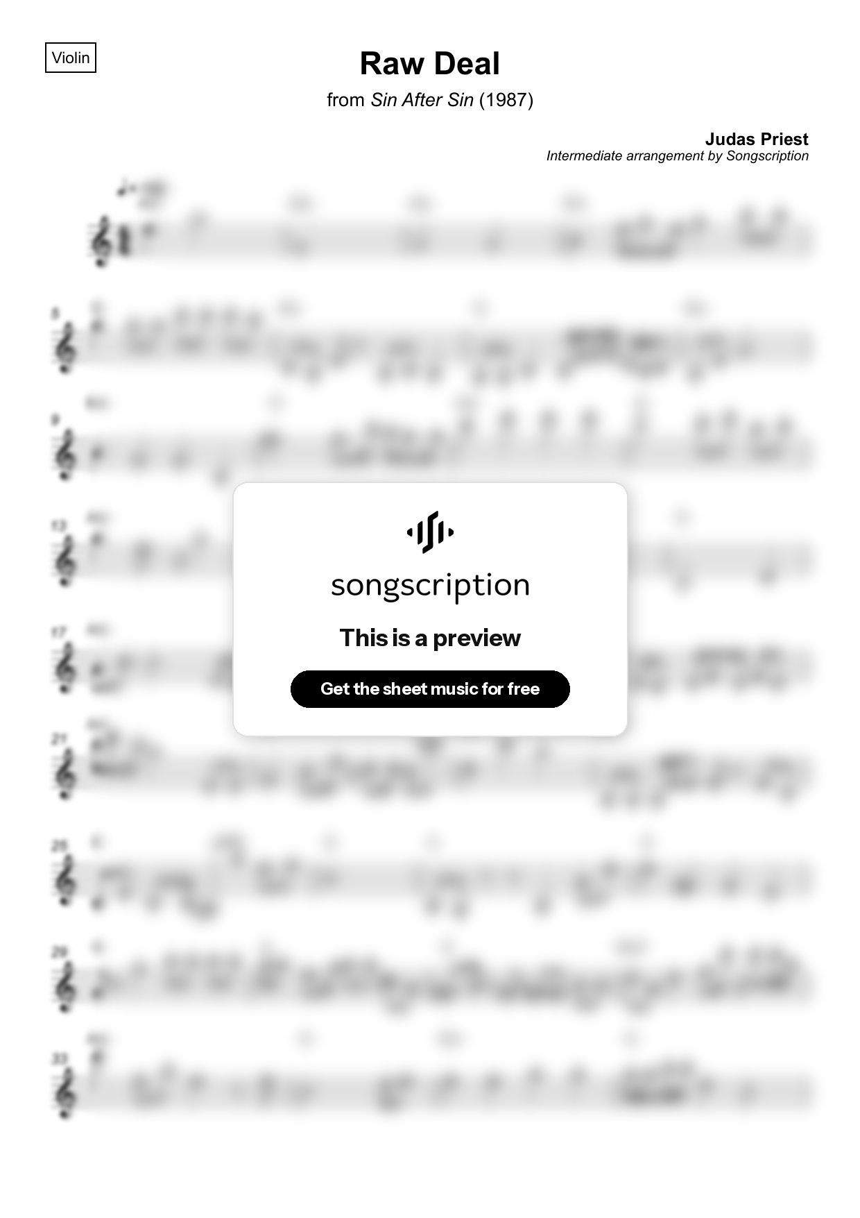 Intermediate Violin Sheet Music for "Raw Deal" by Judas Priest