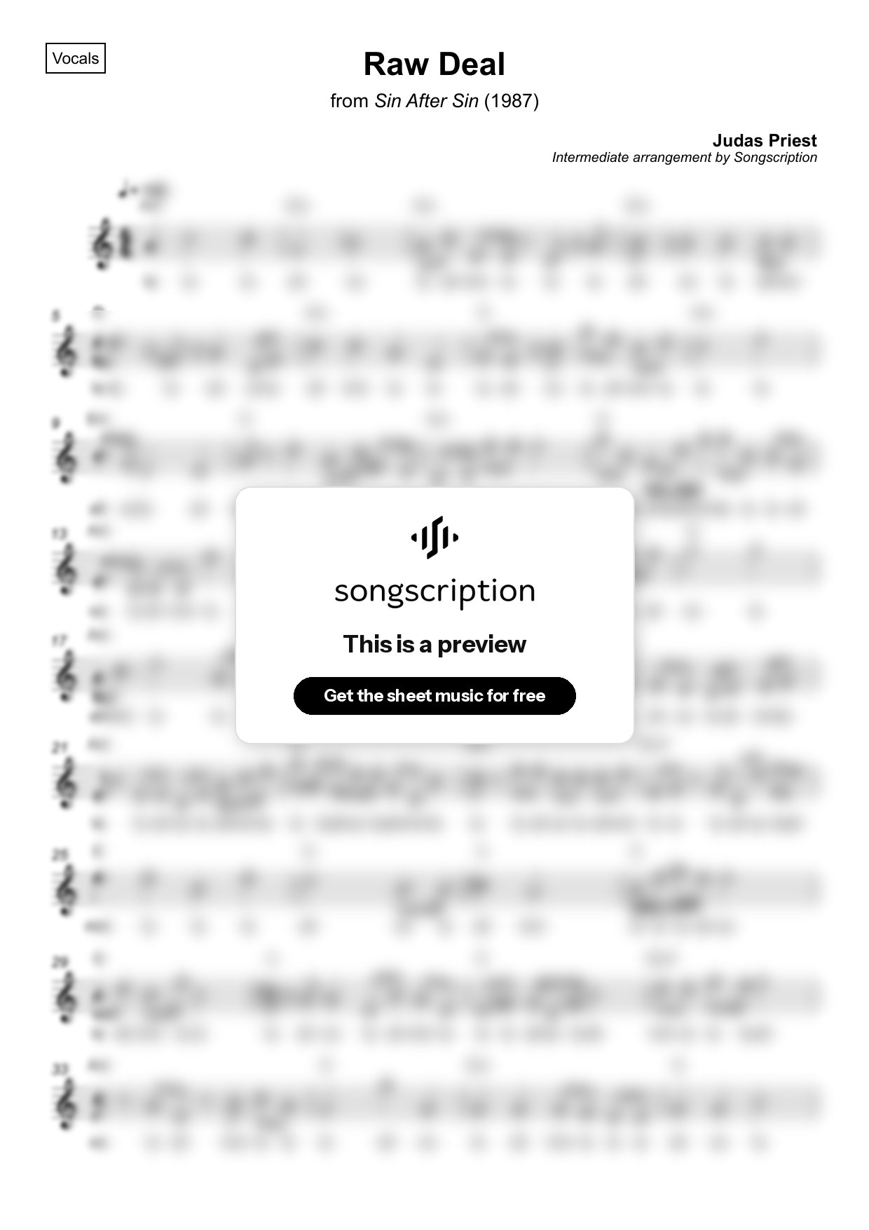Intermediate Vocals Sheet Music for "Raw Deal" by Judas Priest