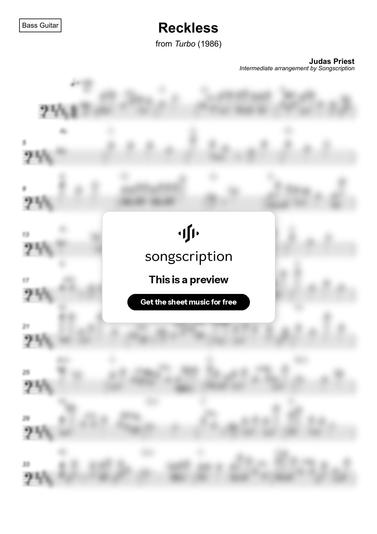 Intermediate Bass Guitar Sheet Music for "Reckless" by Judas Priest