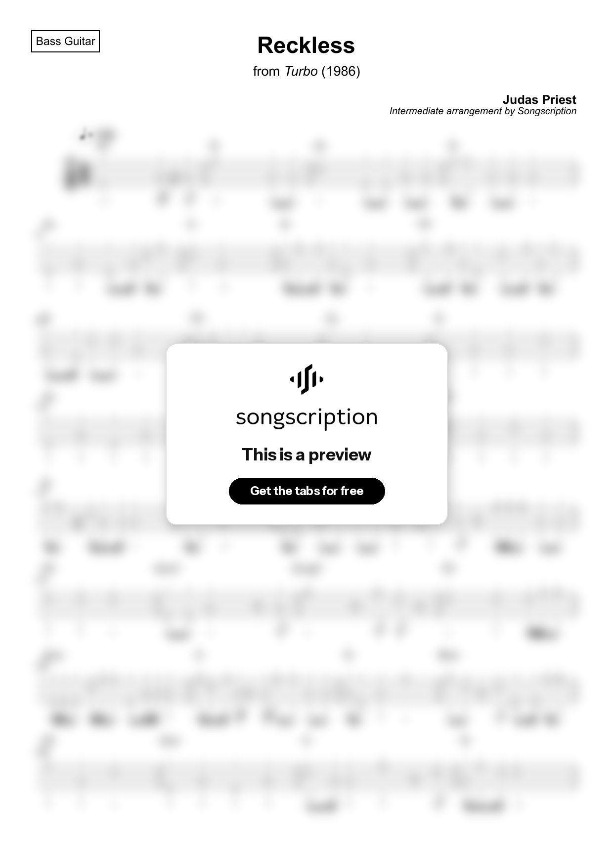 Intermediate Bass Guitar Tabs for "Reckless" by Judas Priest
