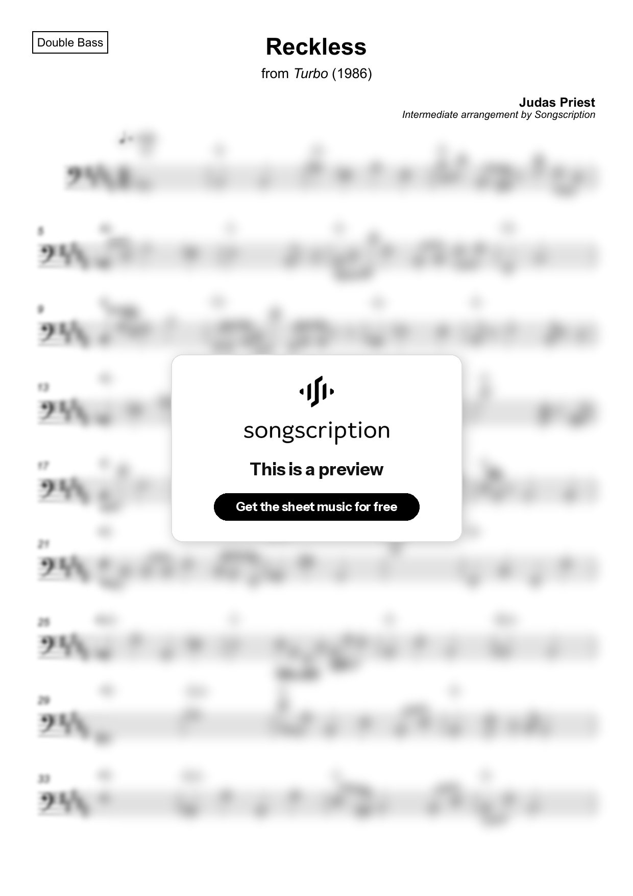Intermediate Double Bass Sheet Music for "Reckless" by Judas Priest