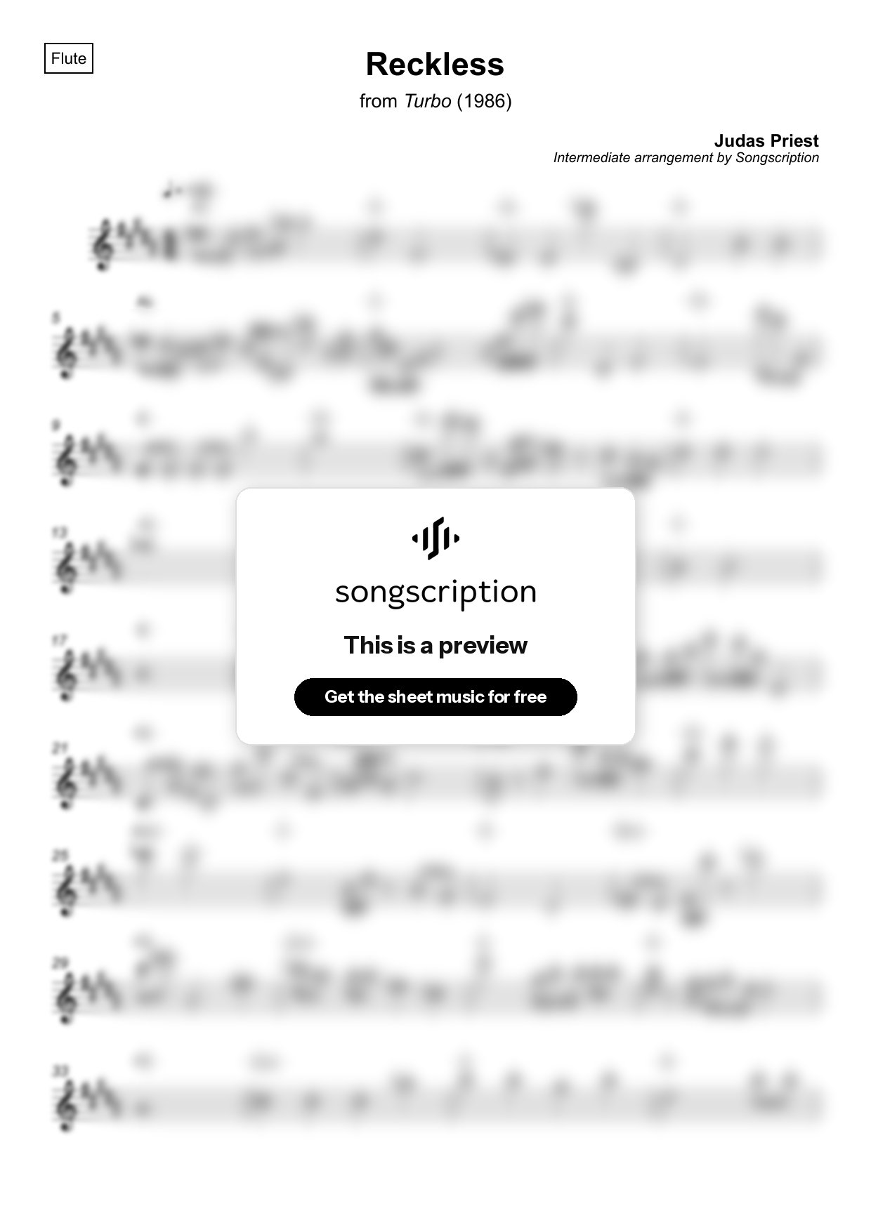 Intermediate Flute Sheet Music for "Reckless" by Judas Priest