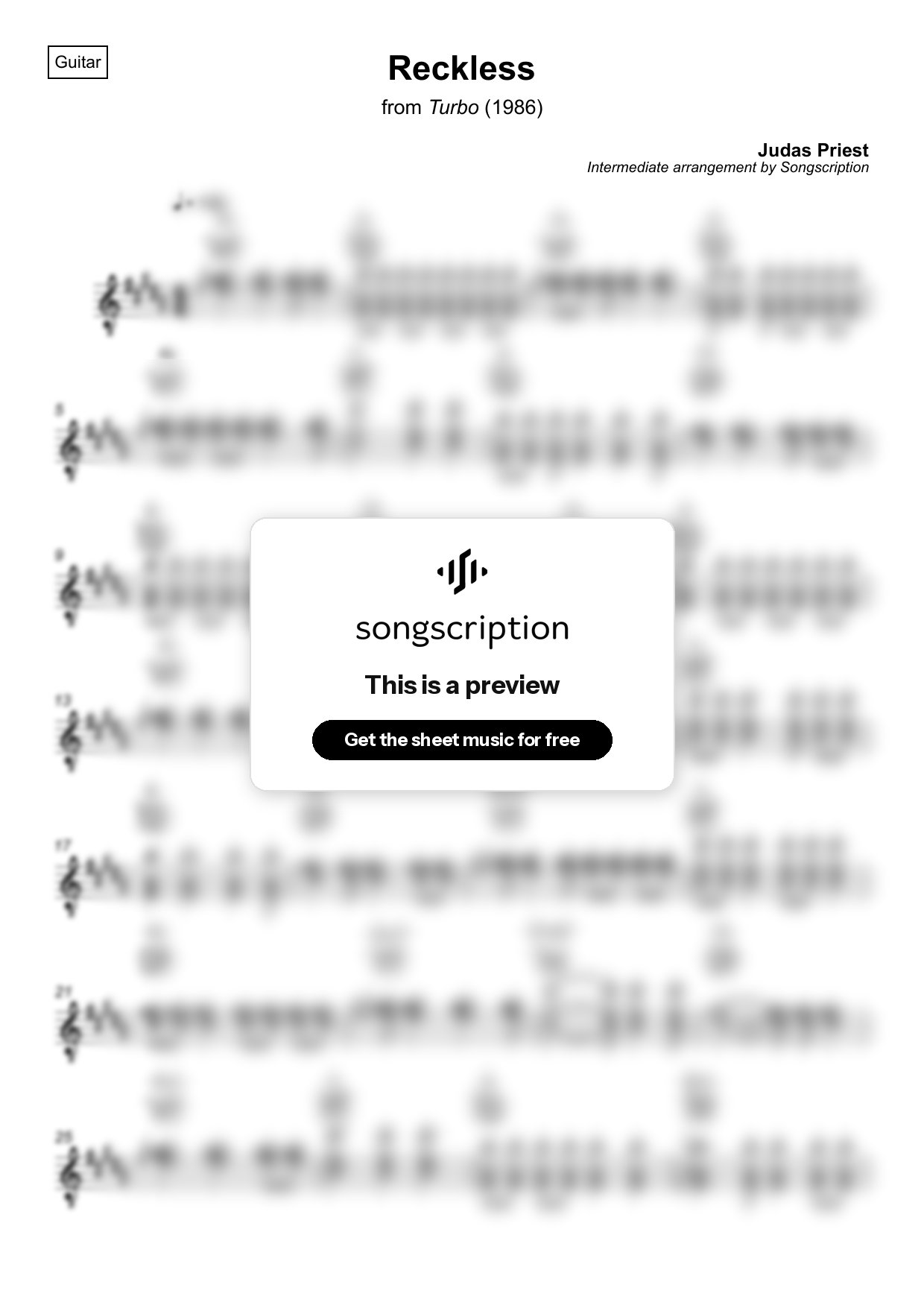 Intermediate Acoustic Guitar Sheet Music for "Reckless" by Judas Priest