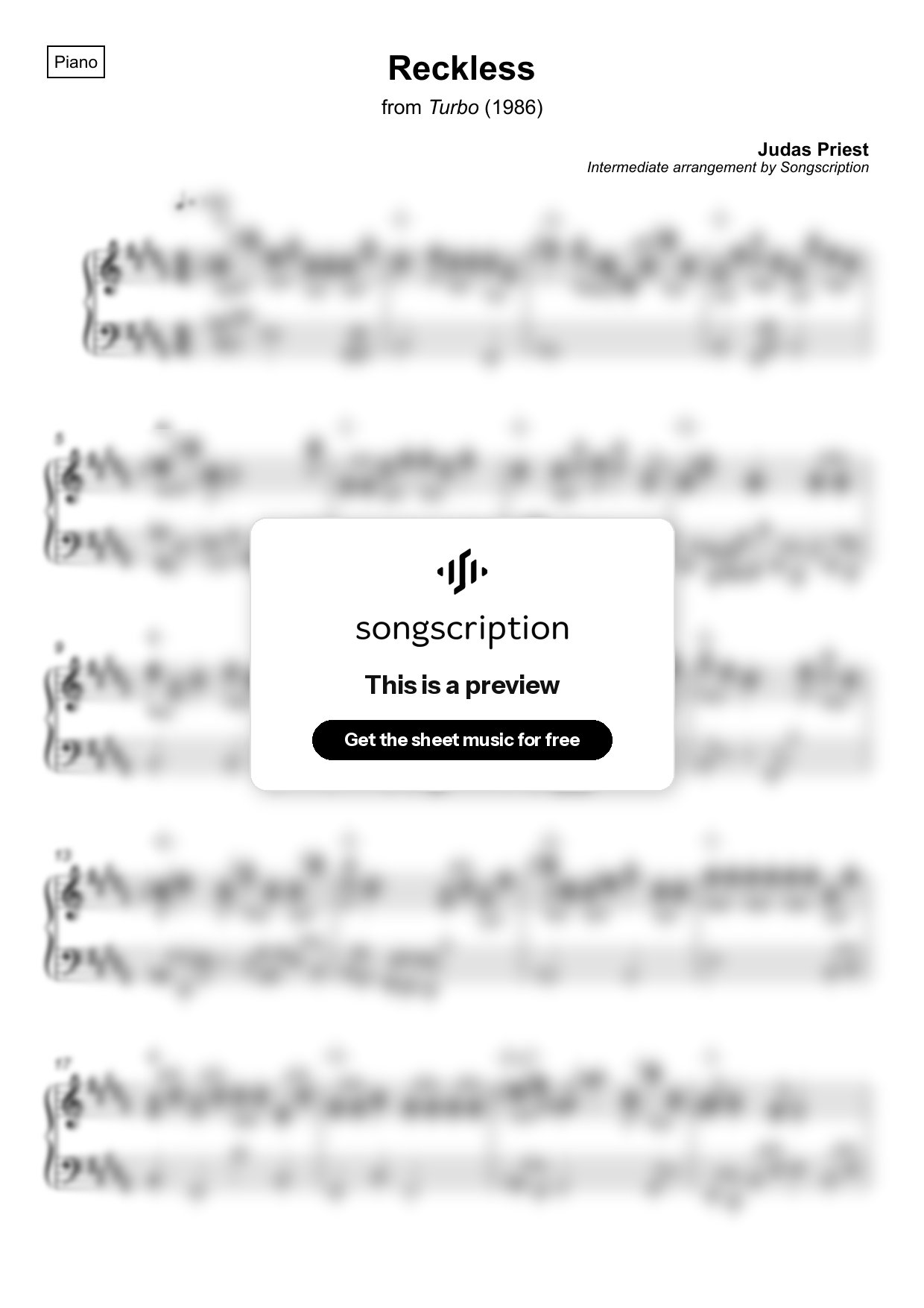 Intermediate Piano Sheet Music for "Reckless" by Judas Priest