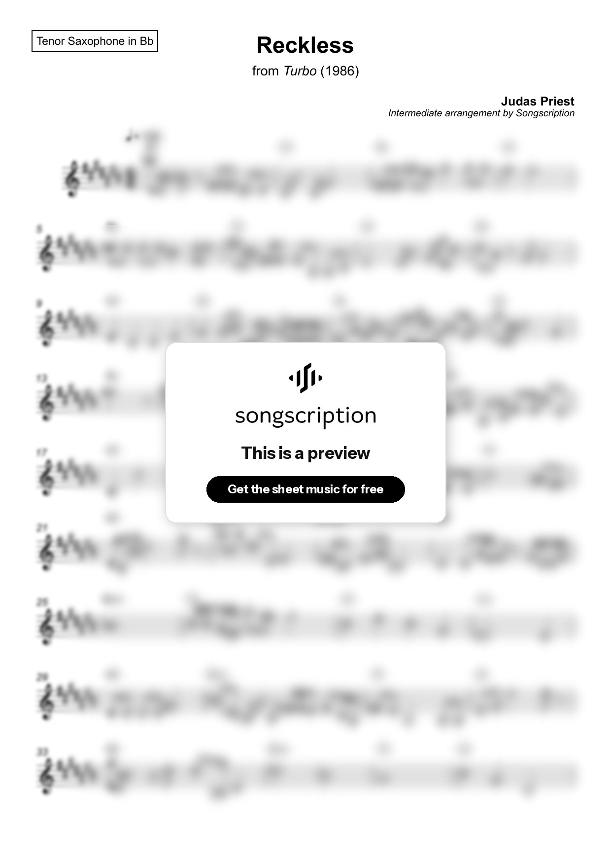 Intermediate Tenor Sax Sheet Music for "Reckless" by Judas Priest