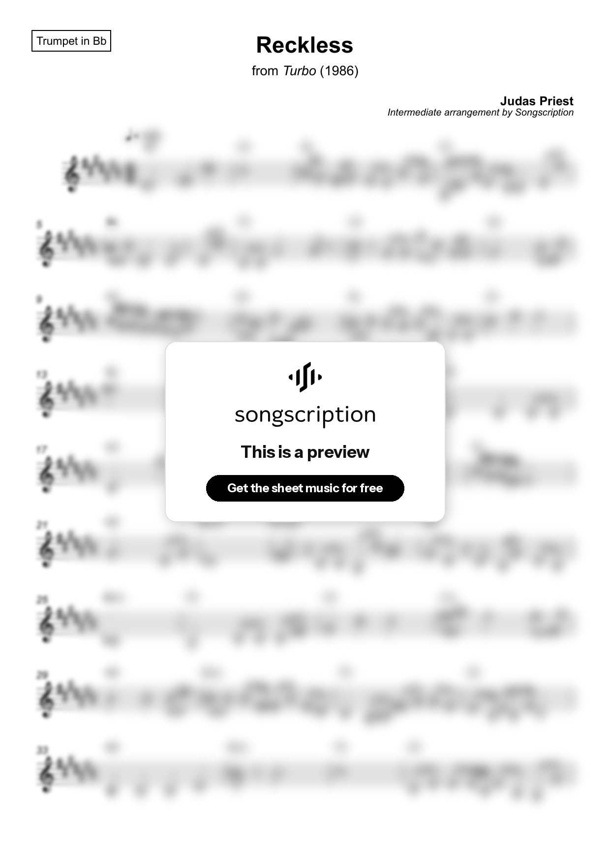 Intermediate Trumpet Sheet Music for "Reckless" by Judas Priest