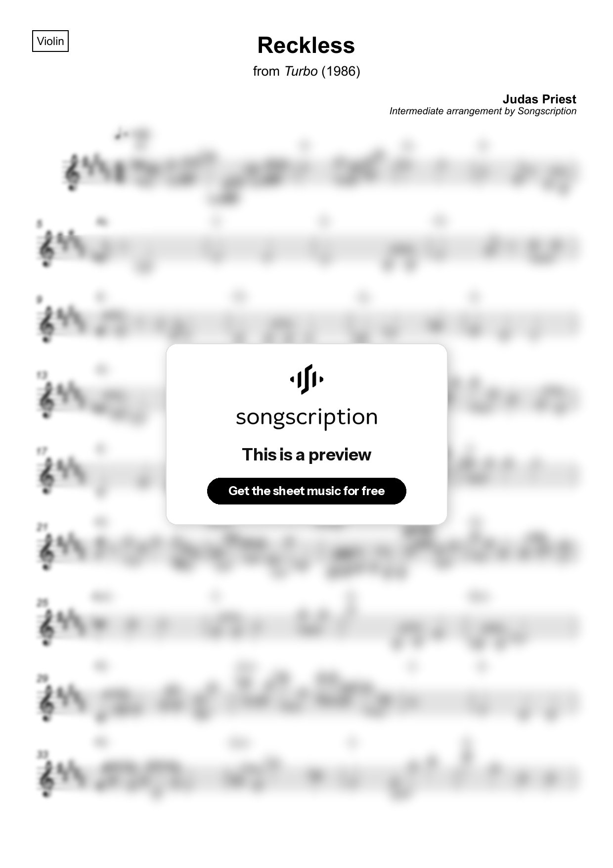 Intermediate Violin Sheet Music for "Reckless" by Judas Priest