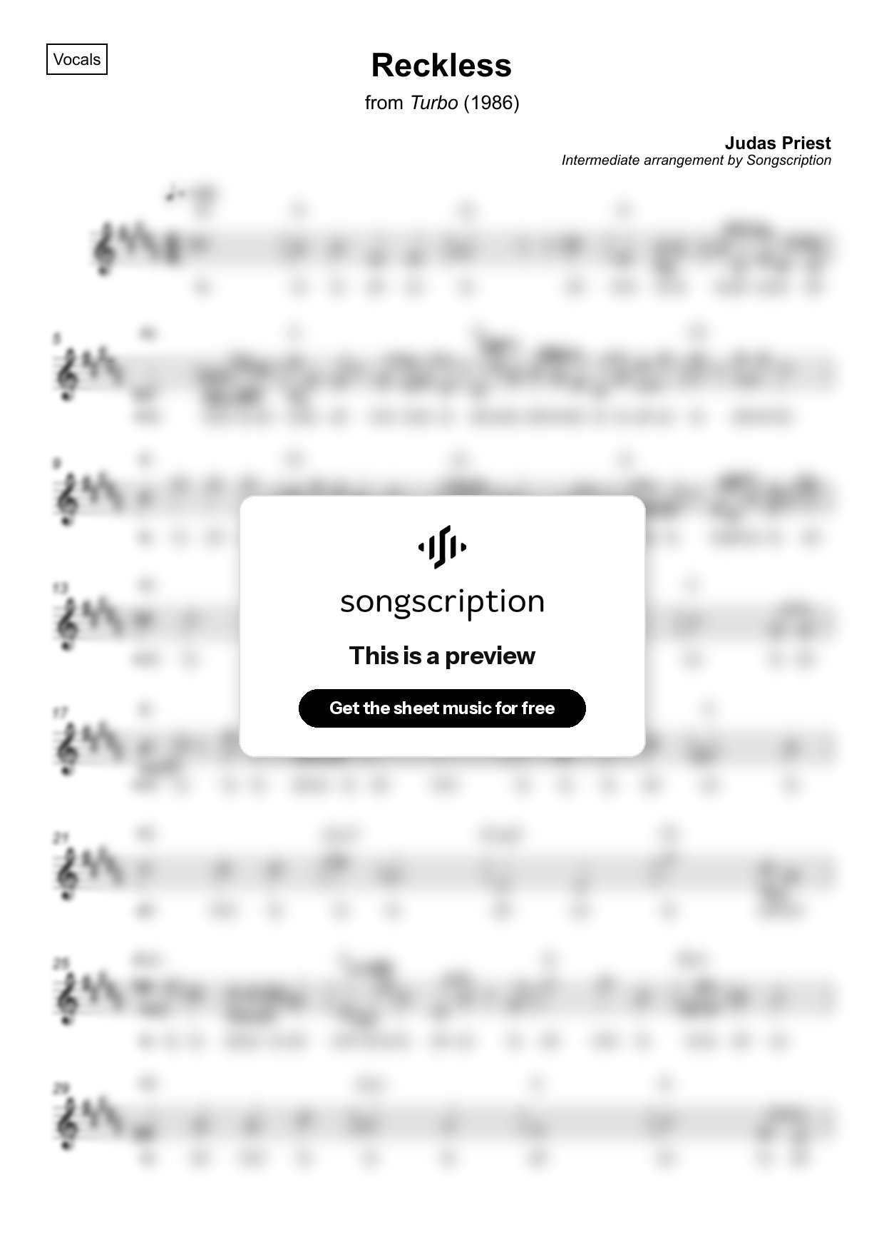 Intermediate Vocals Sheet Music for "Reckless" by Judas Priest