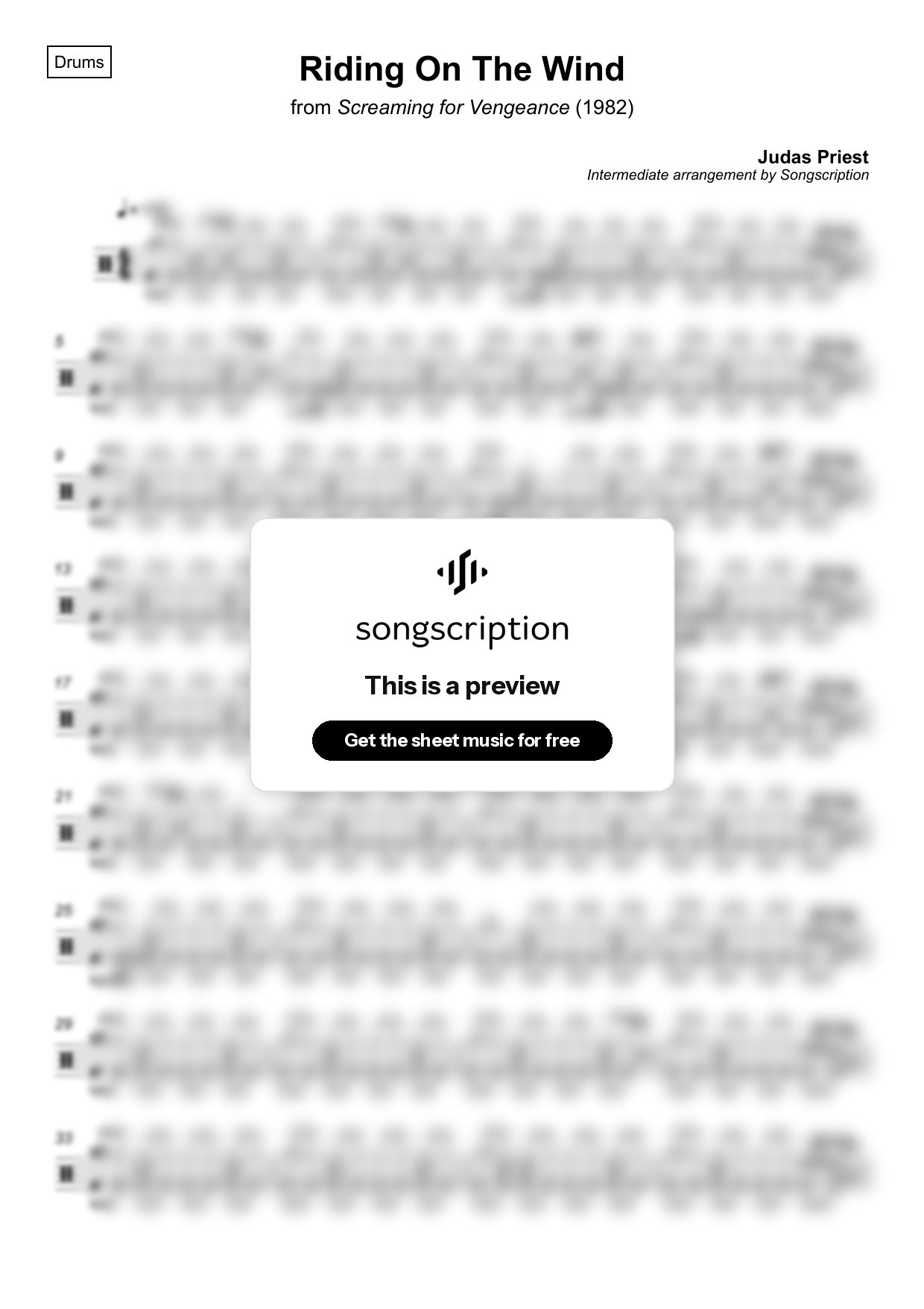 Intermediate Drums Sheet Music for "Riding On The Wind" by Judas Priest