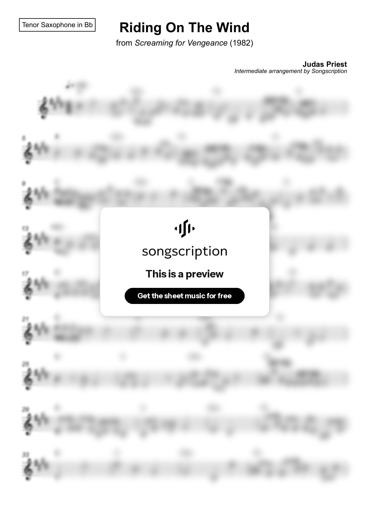 Intermediate Tenor Sax Sheet Music for "Riding On The Wind" by Judas Priest