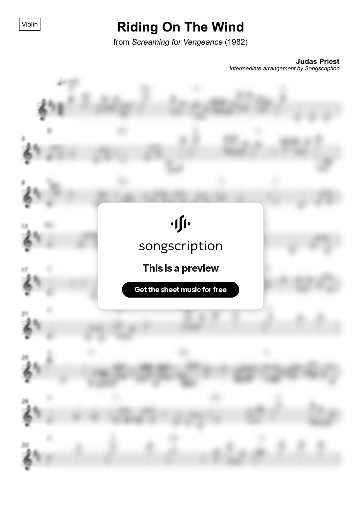 Intermediate Violin Sheet Music for "Riding On The Wind" by Judas Priest