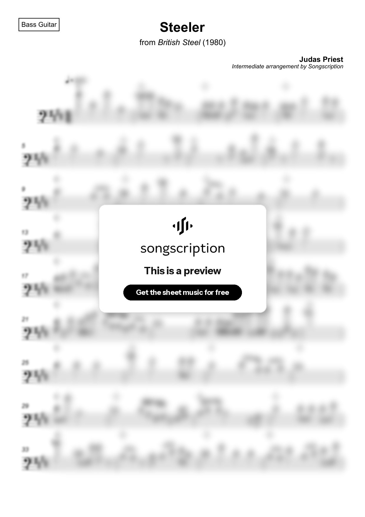 Intermediate Bass Guitar Sheet Music for "Steeler" by Judas Priest