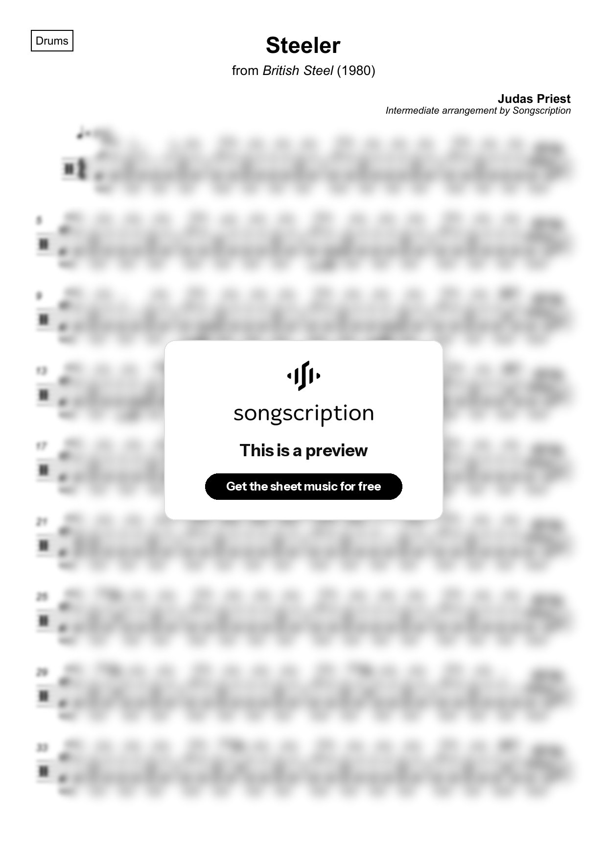 Intermediate Drums Sheet Music for "Steeler" by Judas Priest