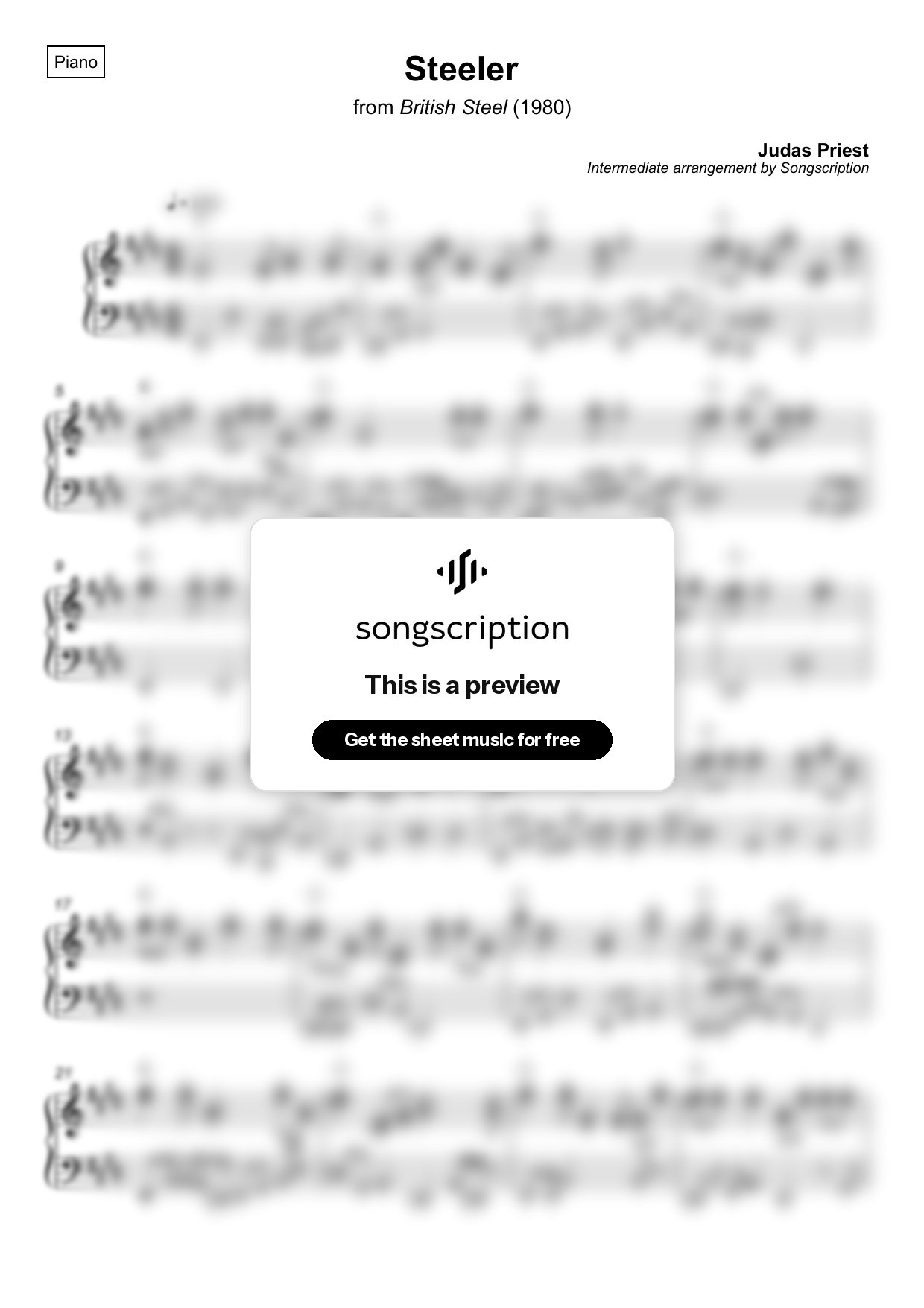 Intermediate Piano Sheet Music for "Steeler" by Judas Priest