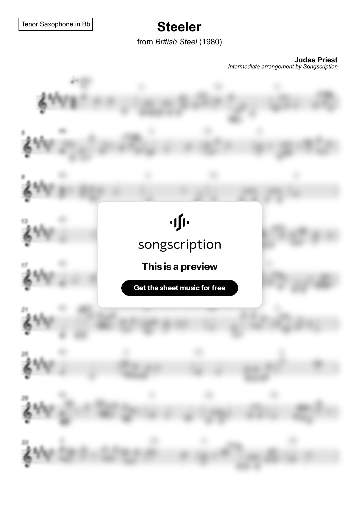 Intermediate Tenor Sax Sheet Music for "Steeler" by Judas Priest