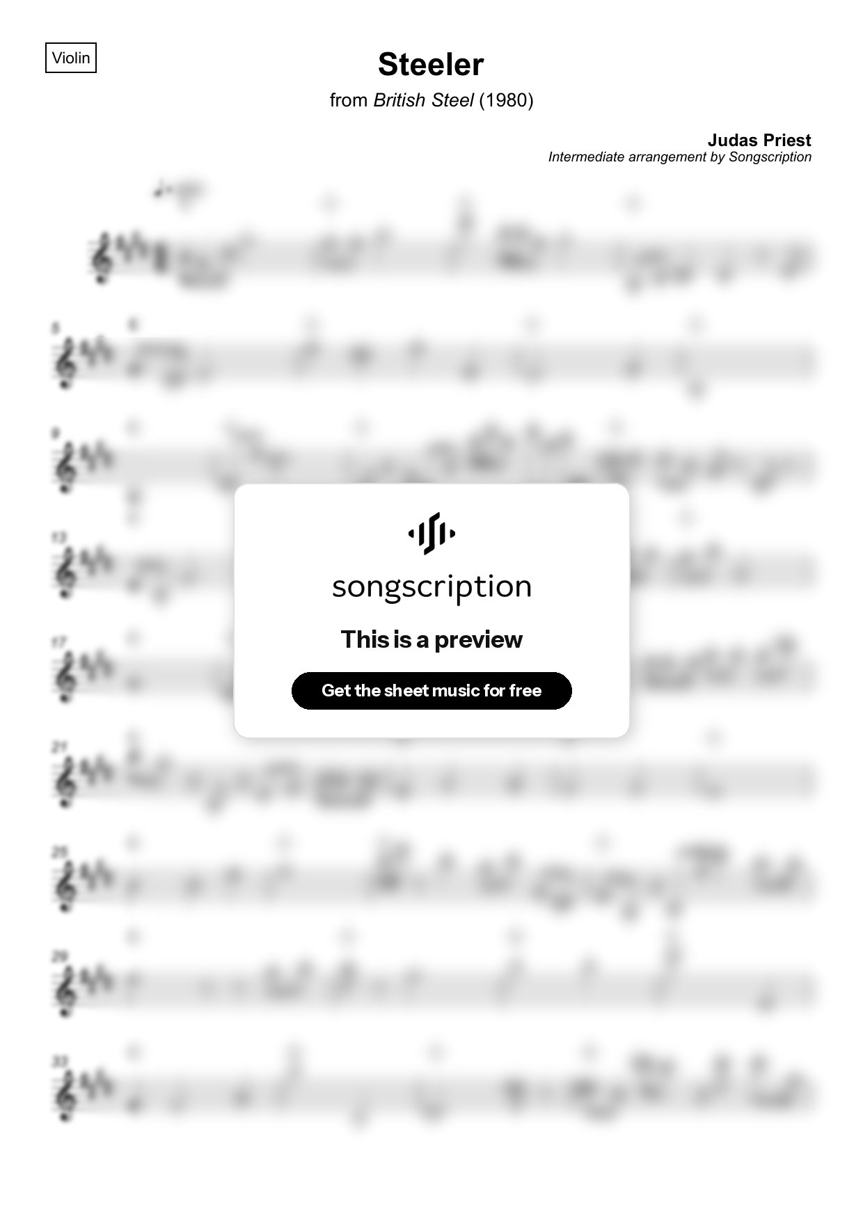 Intermediate Violin Sheet Music for "Steeler" by Judas Priest
