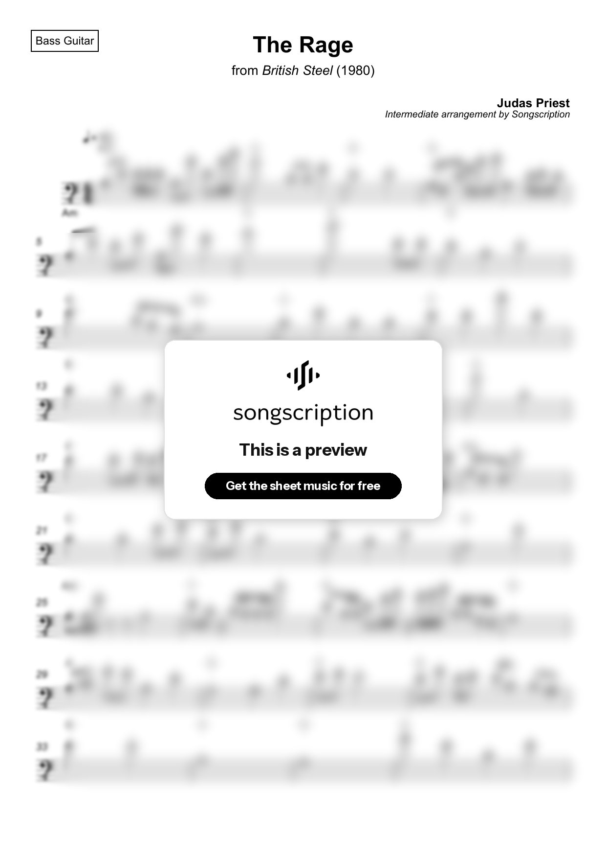 Intermediate Bass Guitar Sheet Music for "The Rage" by Judas Priest