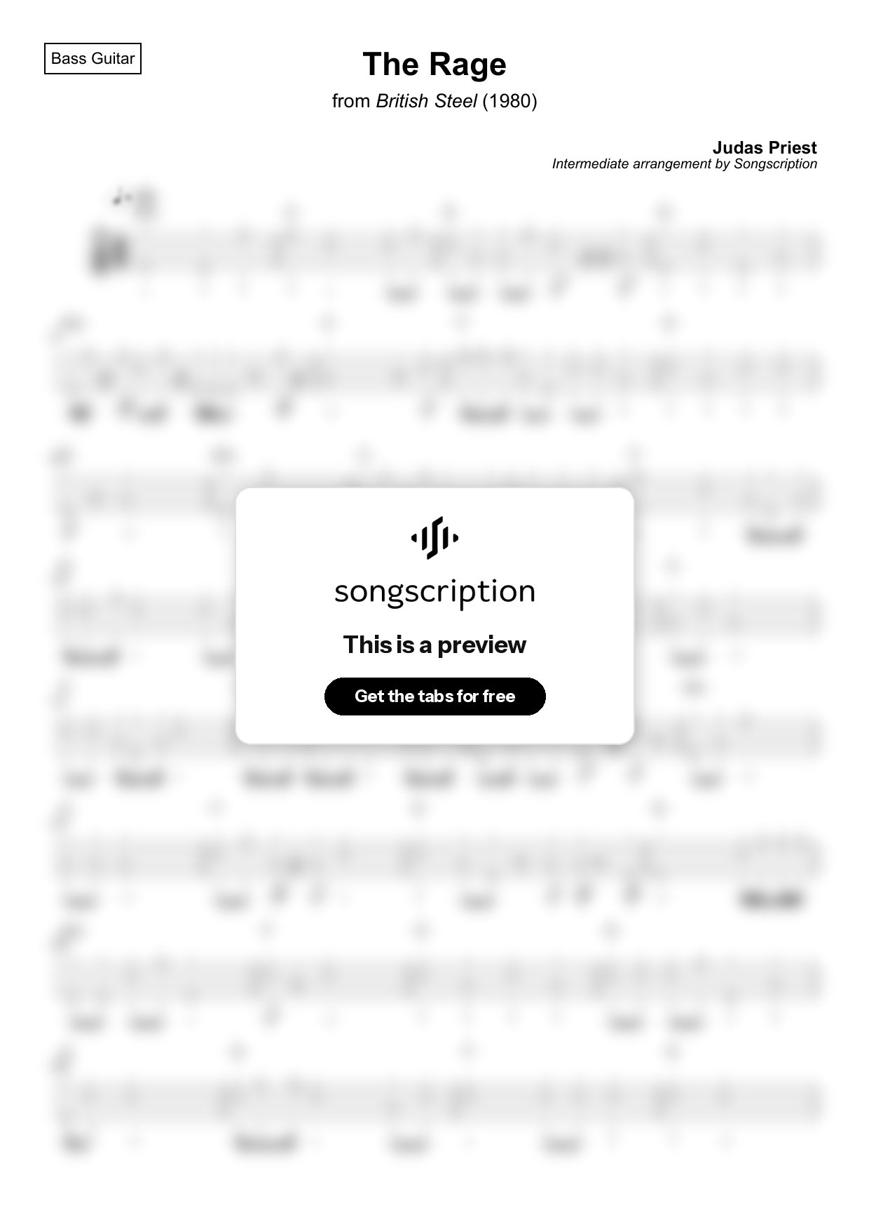 Intermediate Bass Guitar Tabs for "The Rage" by Judas Priest