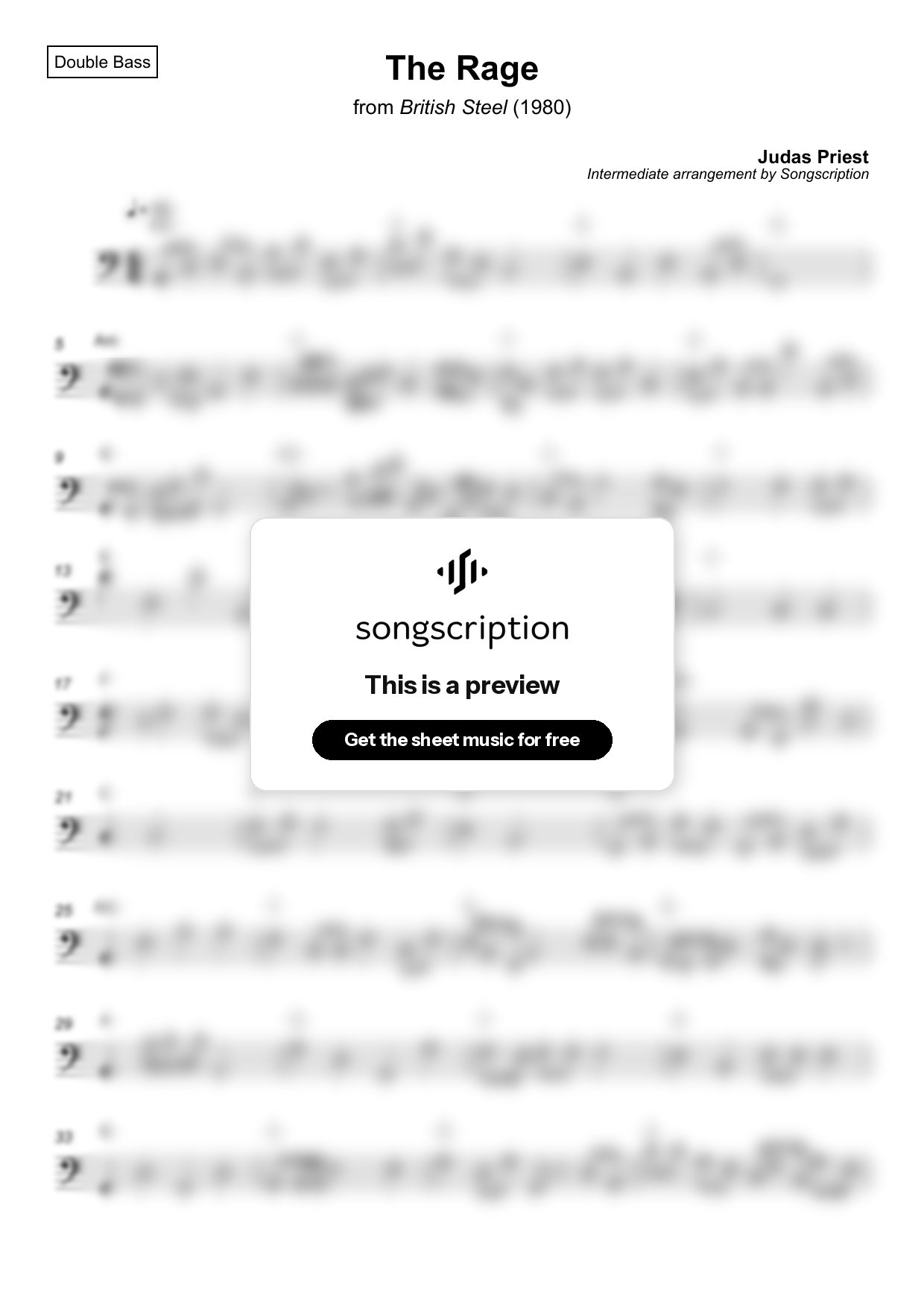 Intermediate Double Bass Sheet Music for "The Rage" by Judas Priest