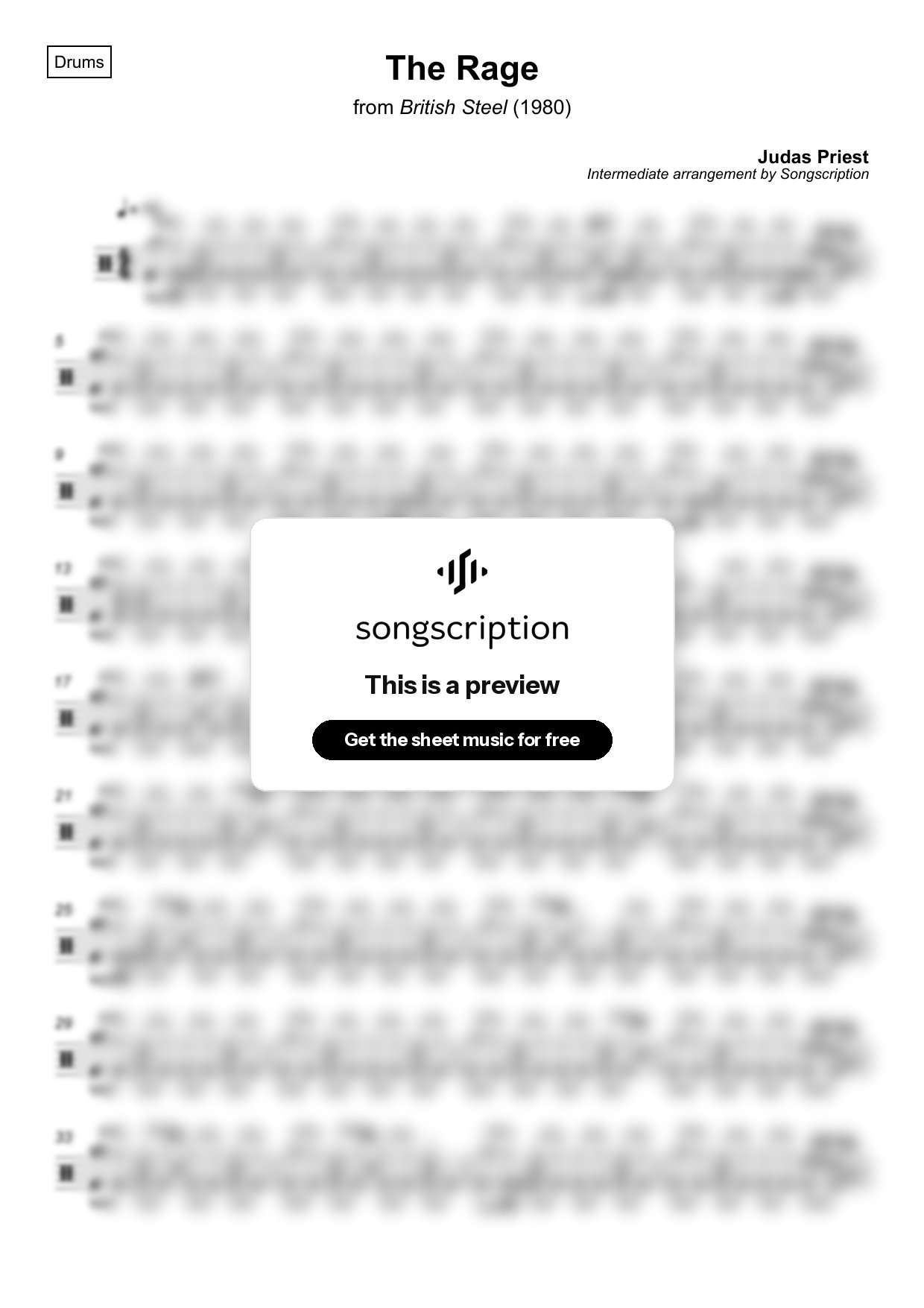Intermediate Drums Sheet Music for "The Rage" by Judas Priest