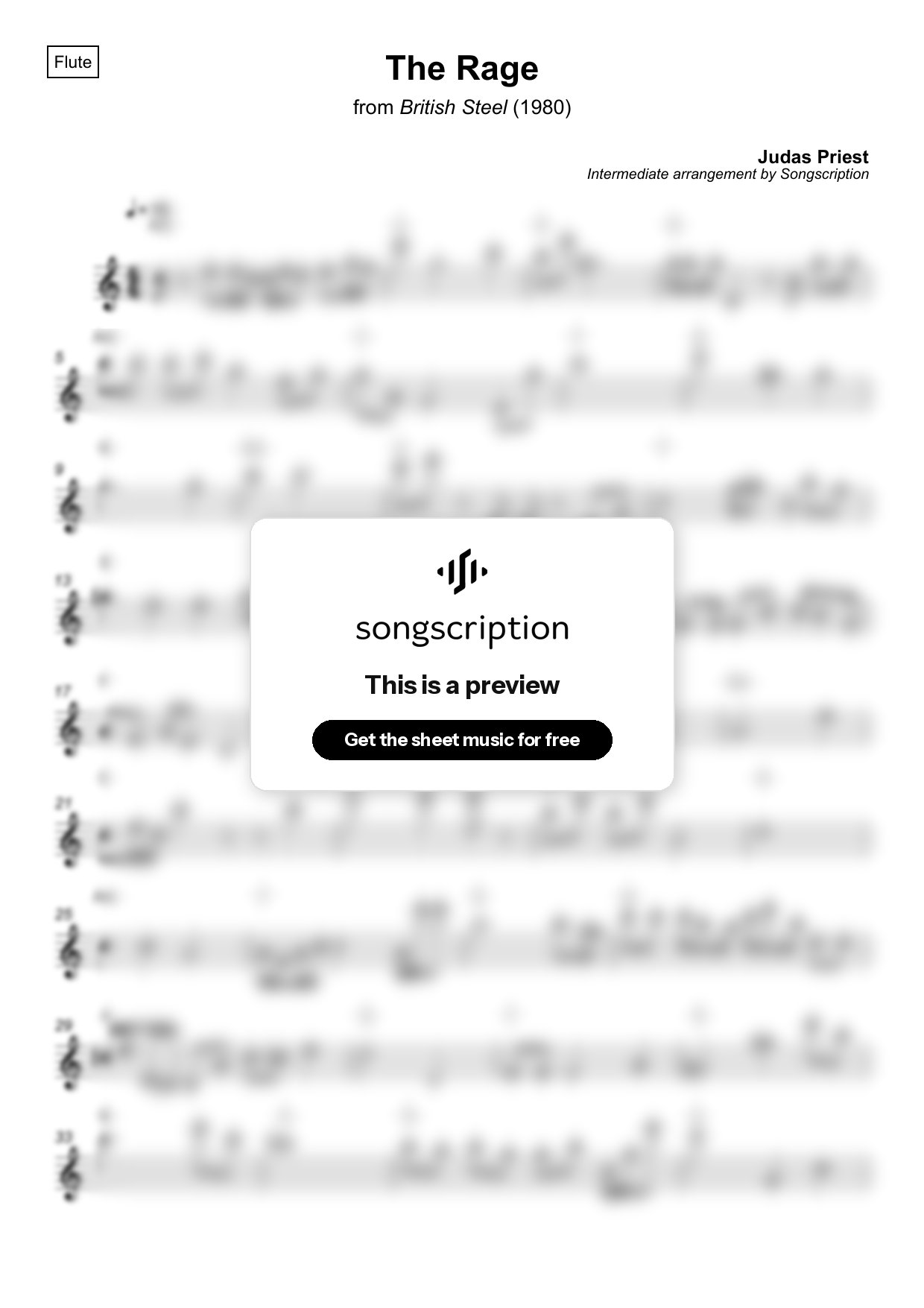 Intermediate Flute Sheet Music for "The Rage" by Judas Priest