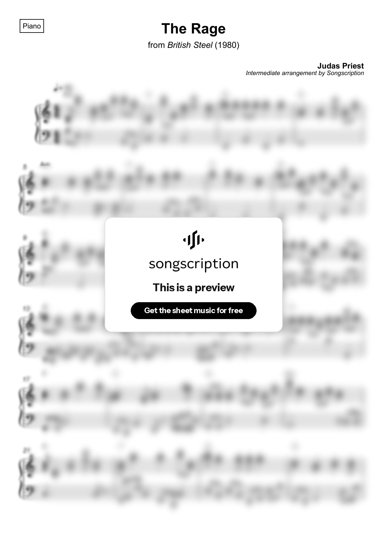 Intermediate Piano Sheet Music for "The Rage" by Judas Priest