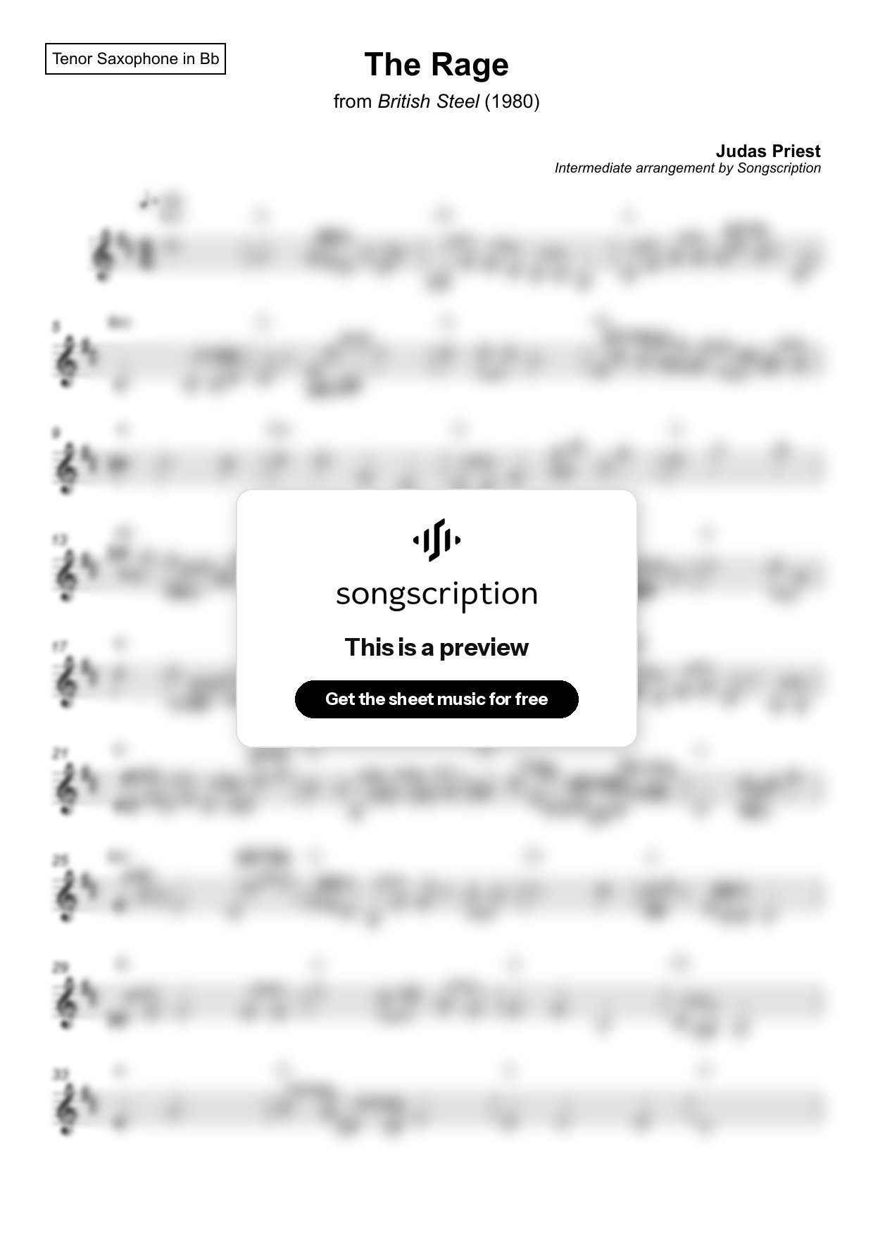 Intermediate Tenor Sax Sheet Music for "The Rage" by Judas Priest