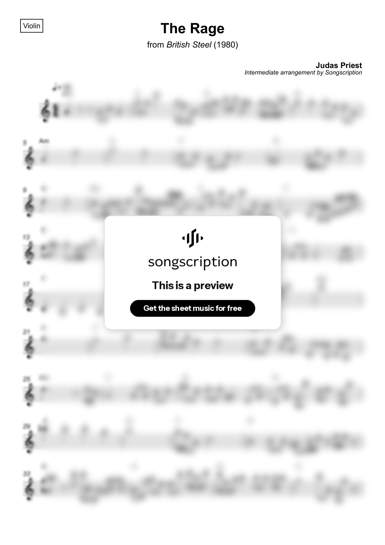 Intermediate Violin Sheet Music for "The Rage" by Judas Priest