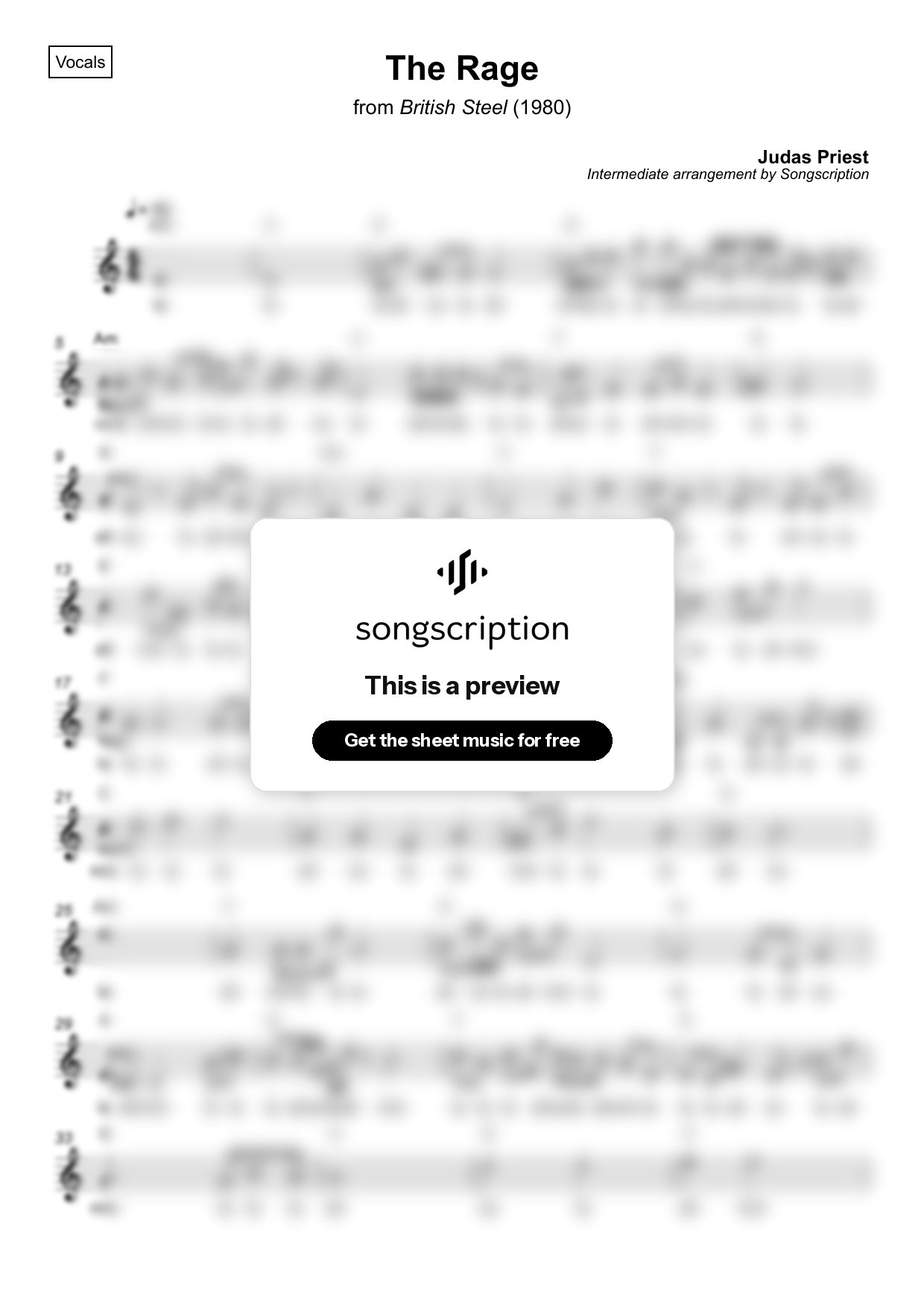 Intermediate Vocals Sheet Music for "The Rage" by Judas Priest