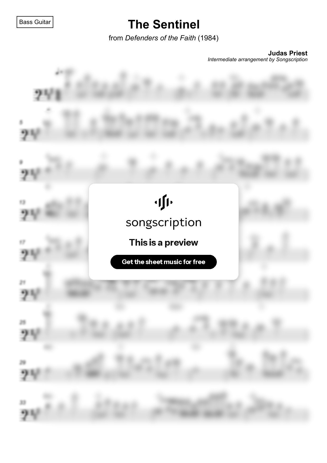 Intermediate Bass Guitar Sheet Music for "The Sentinel" by Judas Priest