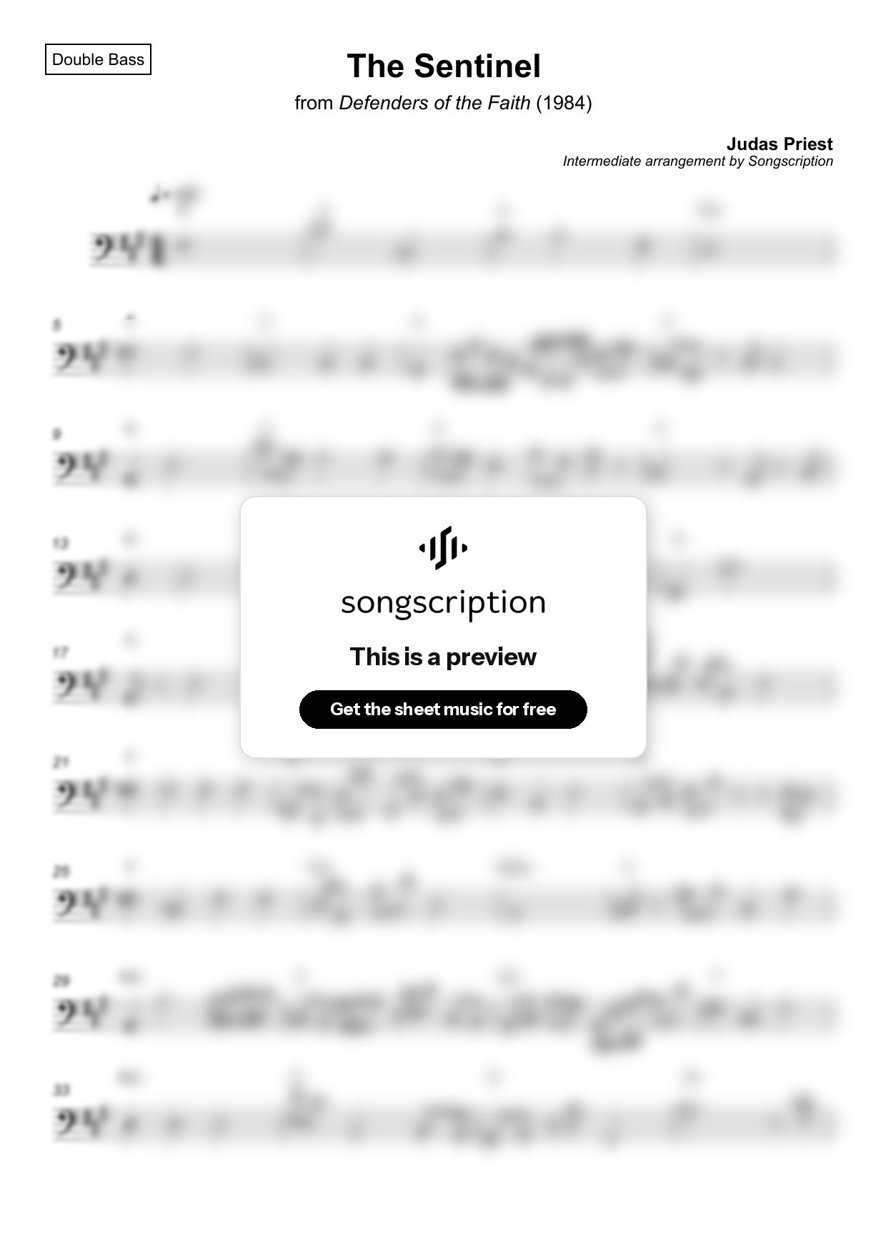 Intermediate Double Bass Sheet Music for "The Sentinel" by Judas Priest