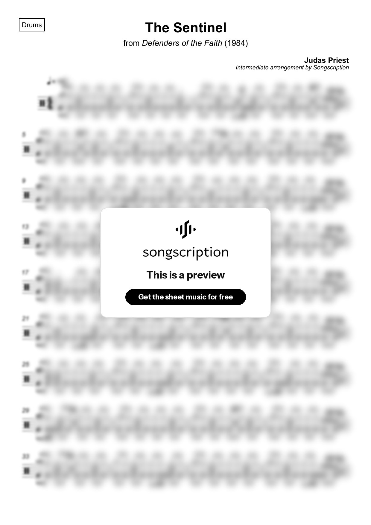 Intermediate Drums Sheet Music for "The Sentinel" by Judas Priest