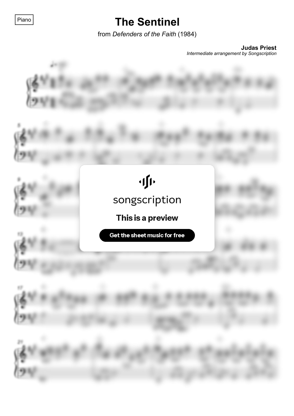Intermediate Piano Sheet Music for "The Sentinel" by Judas Priest