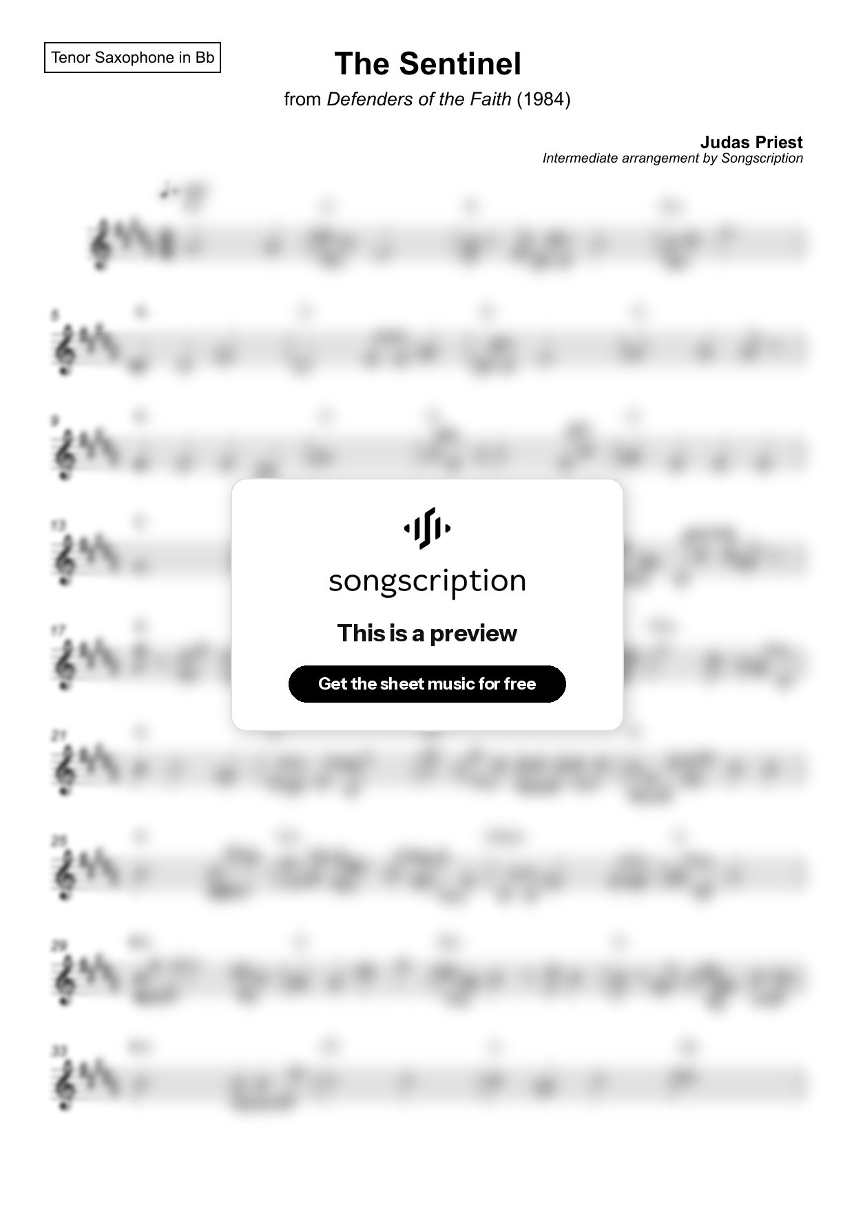 Intermediate Tenor Sax Sheet Music for "The Sentinel" by Judas Priest